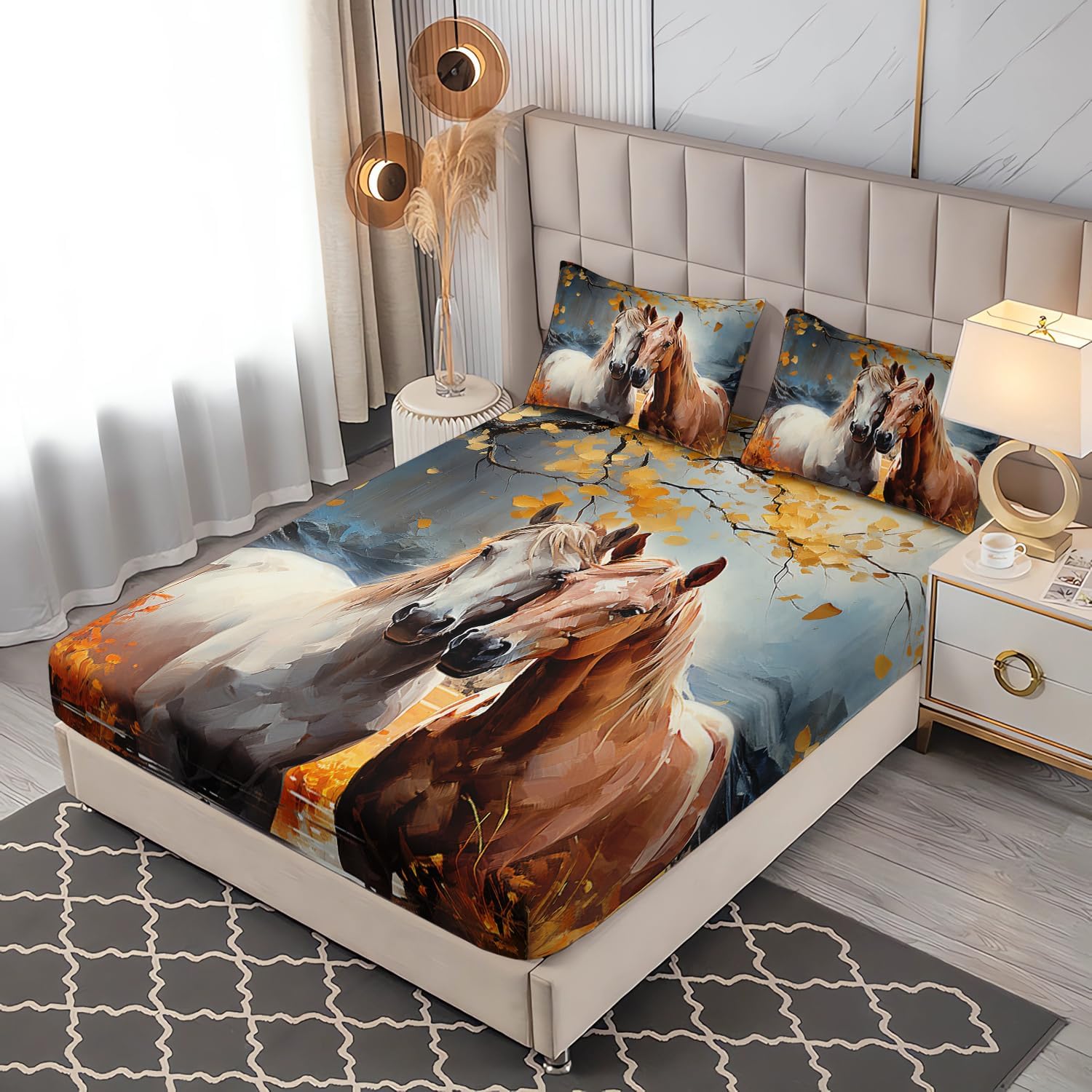 White Brown Horses Fitted Sheet Queen Size Set