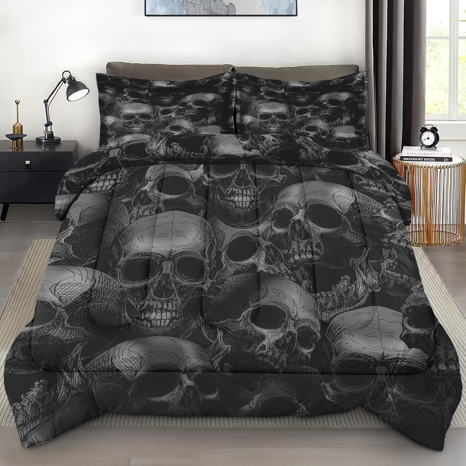 Pamnest Skull Skeleton Comforter Set 3 Pcs Full Size