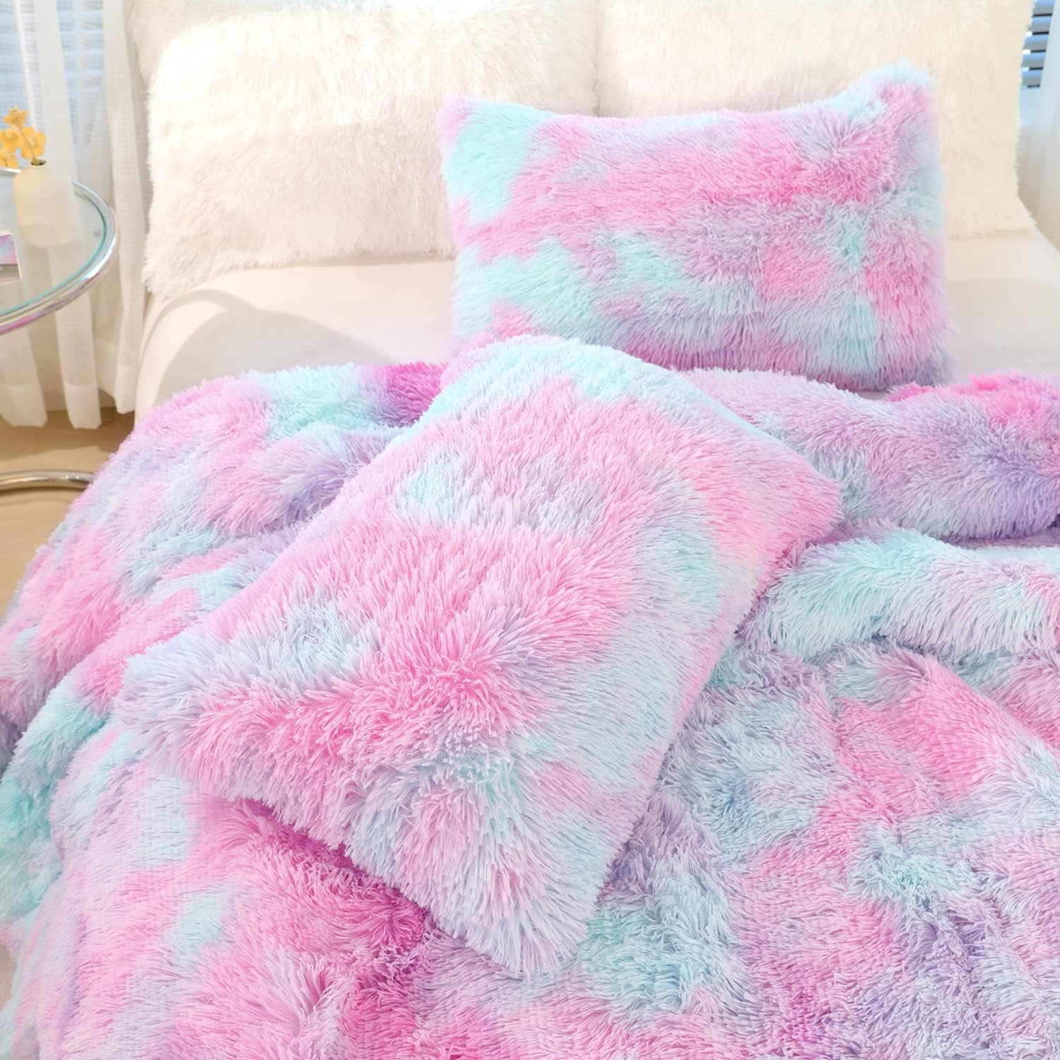Kids Girls Faux Fur Queen Comforter Set 3PC