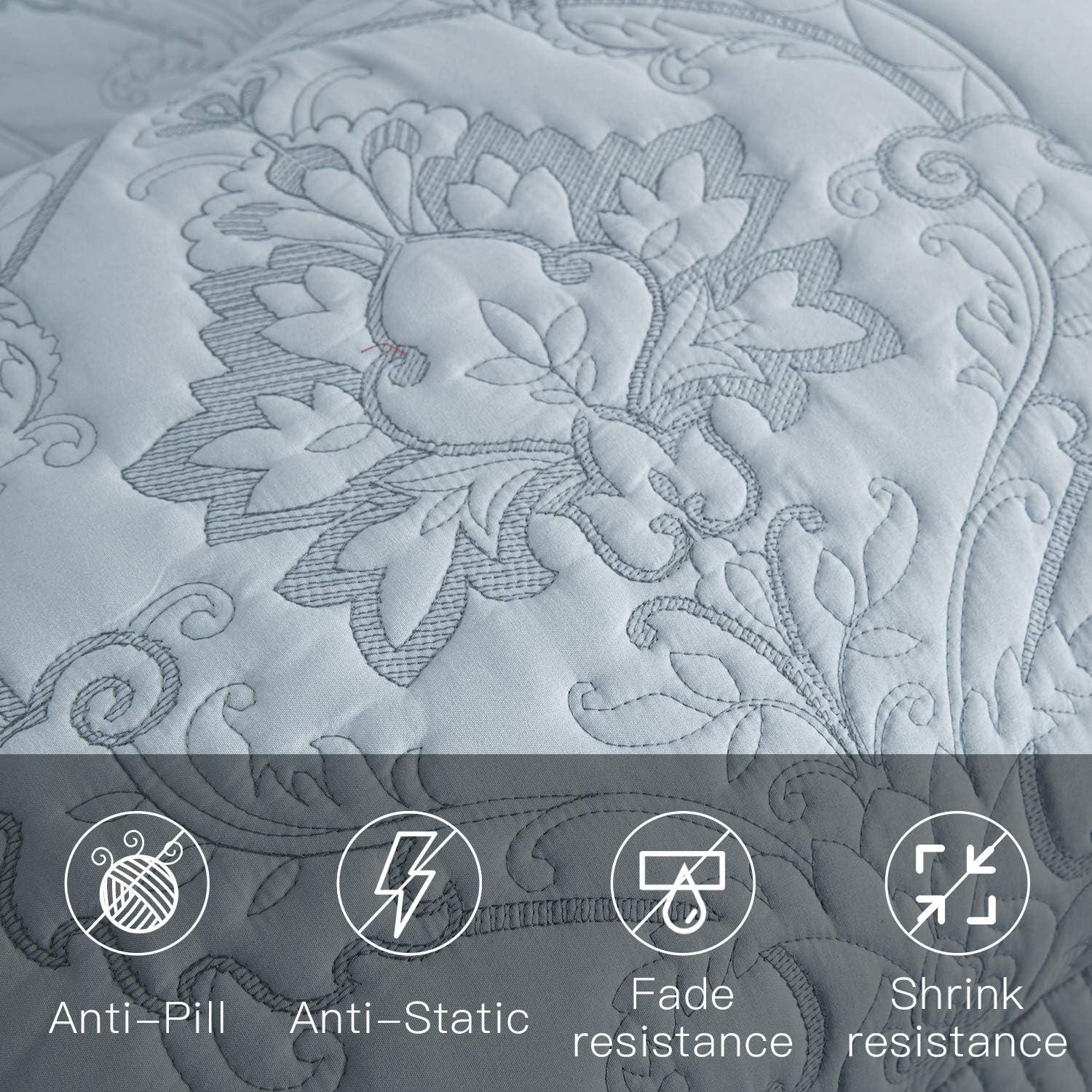 CHIXIN Oversized Bedspread Set - King Size Light Grey Damask Paisley Pattern