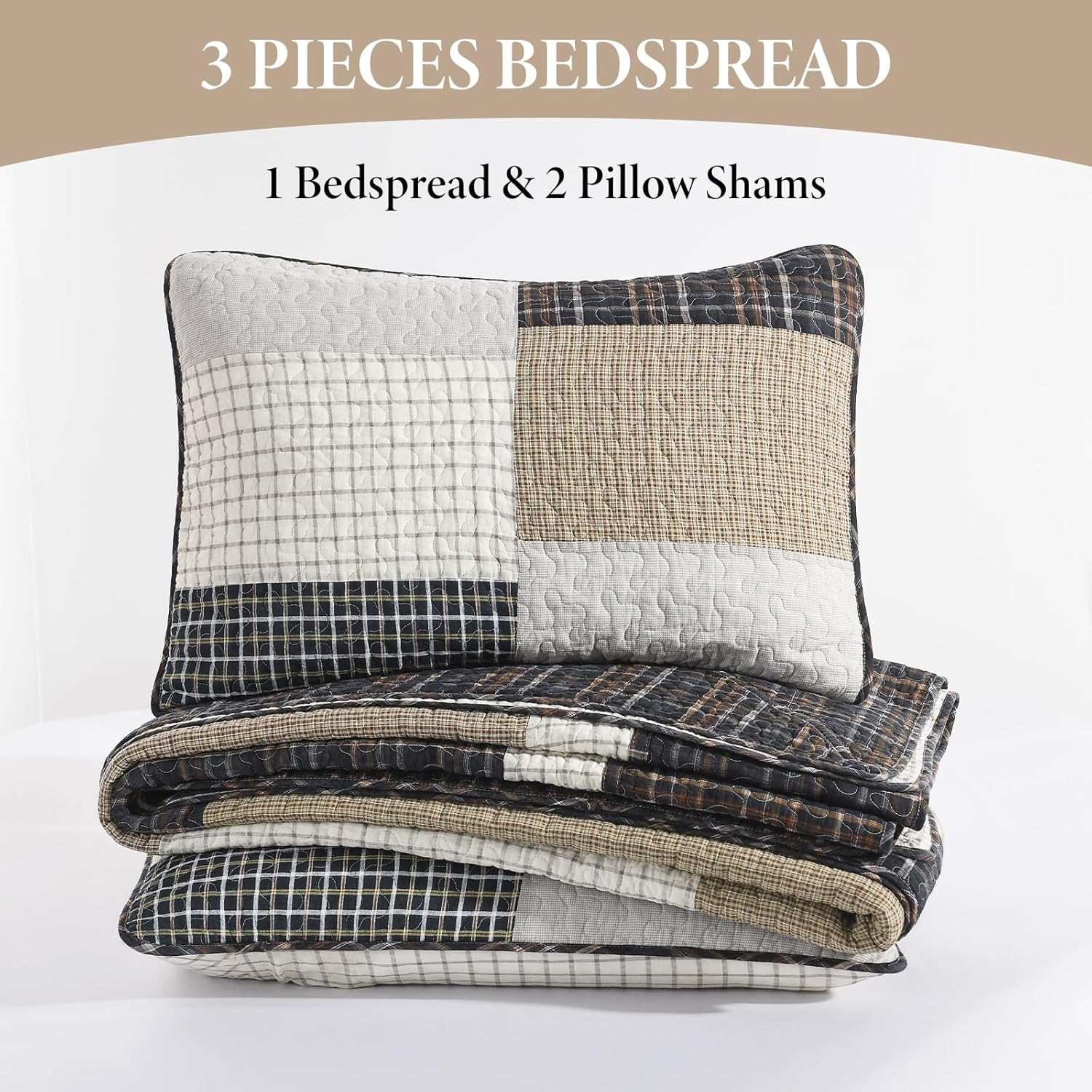 Bedduvit 100 Cotton California King Bedspread Set - 3pcs Farmhouse Patchwork Plaid