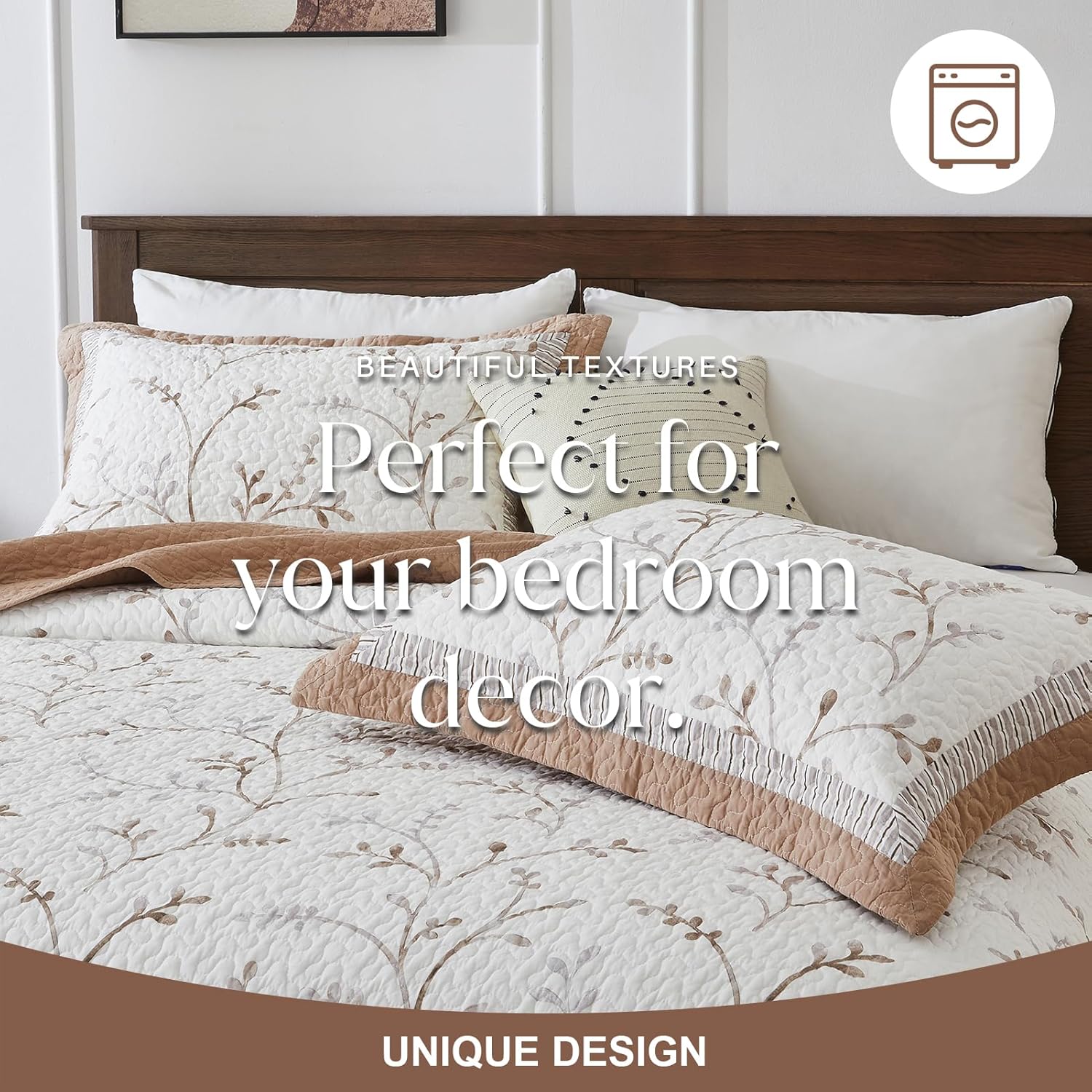 Oversized Cotton Bedspread Set Reversible Botanical Pattern