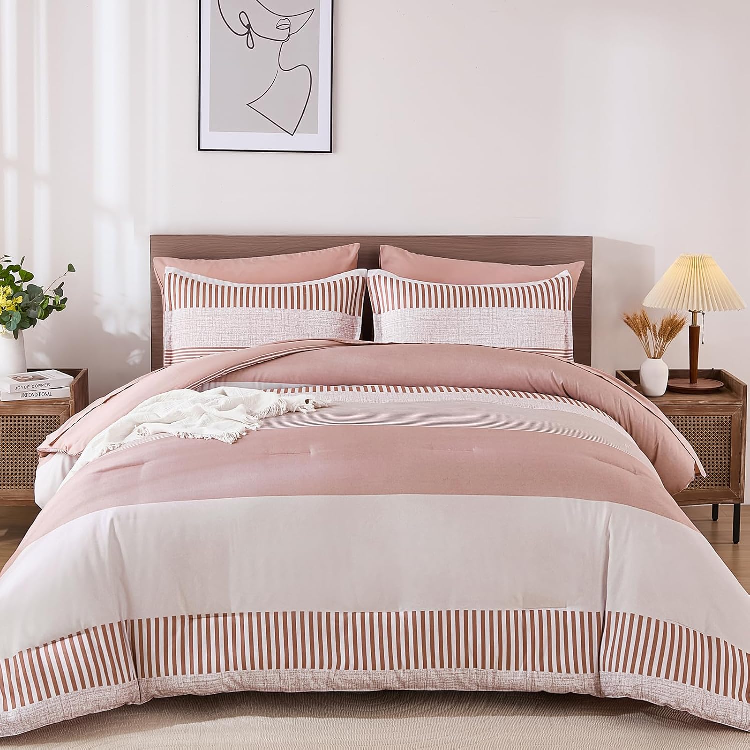 Pink Comforter Set Queen Size Striped Bedding