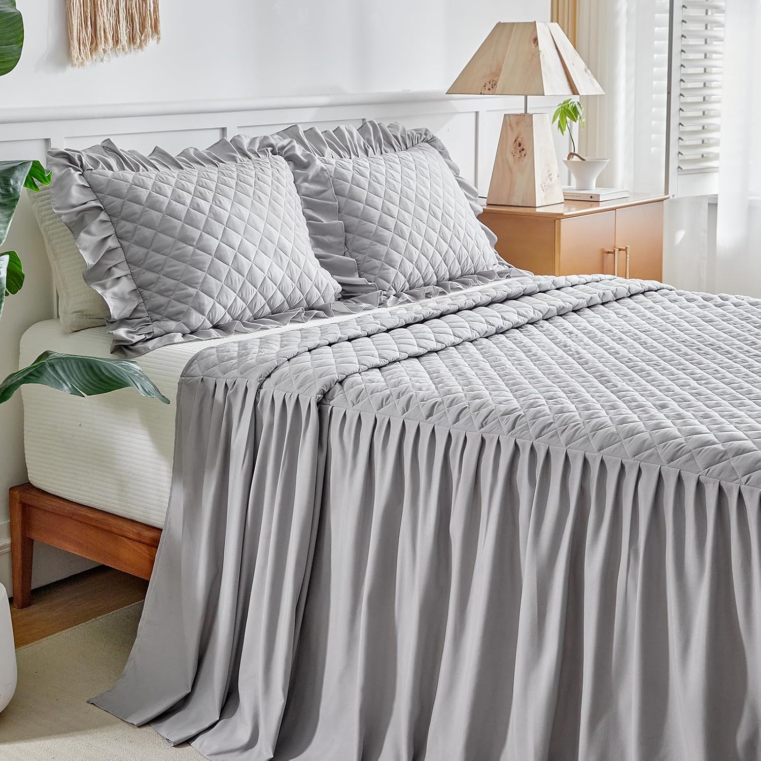 Ruffle Skirt Bedspread Set - 30 Long Drop - Queen Size Gray