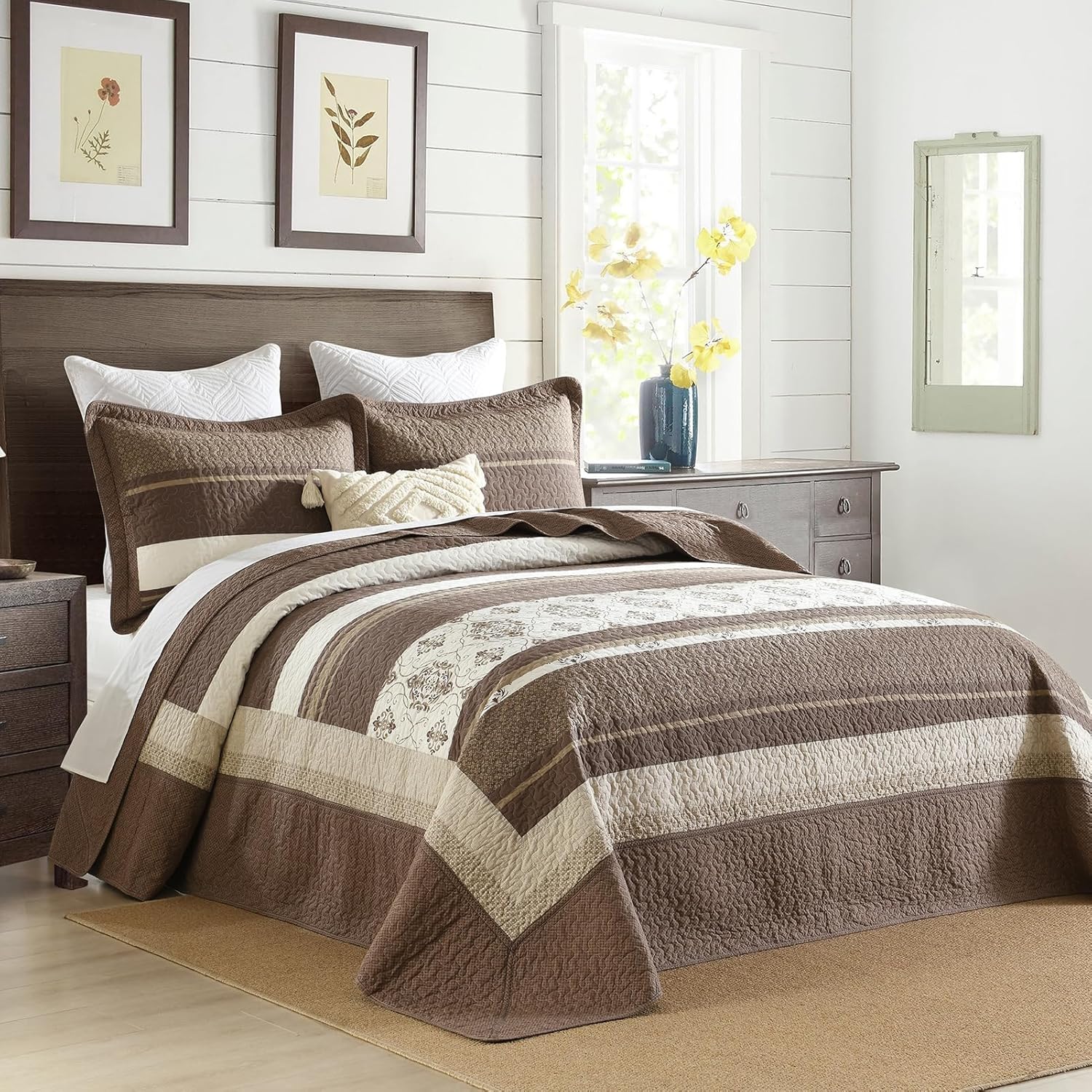 SahSahCasa Queen Bedspread Set 120x102 3pc Beige Dark Brown