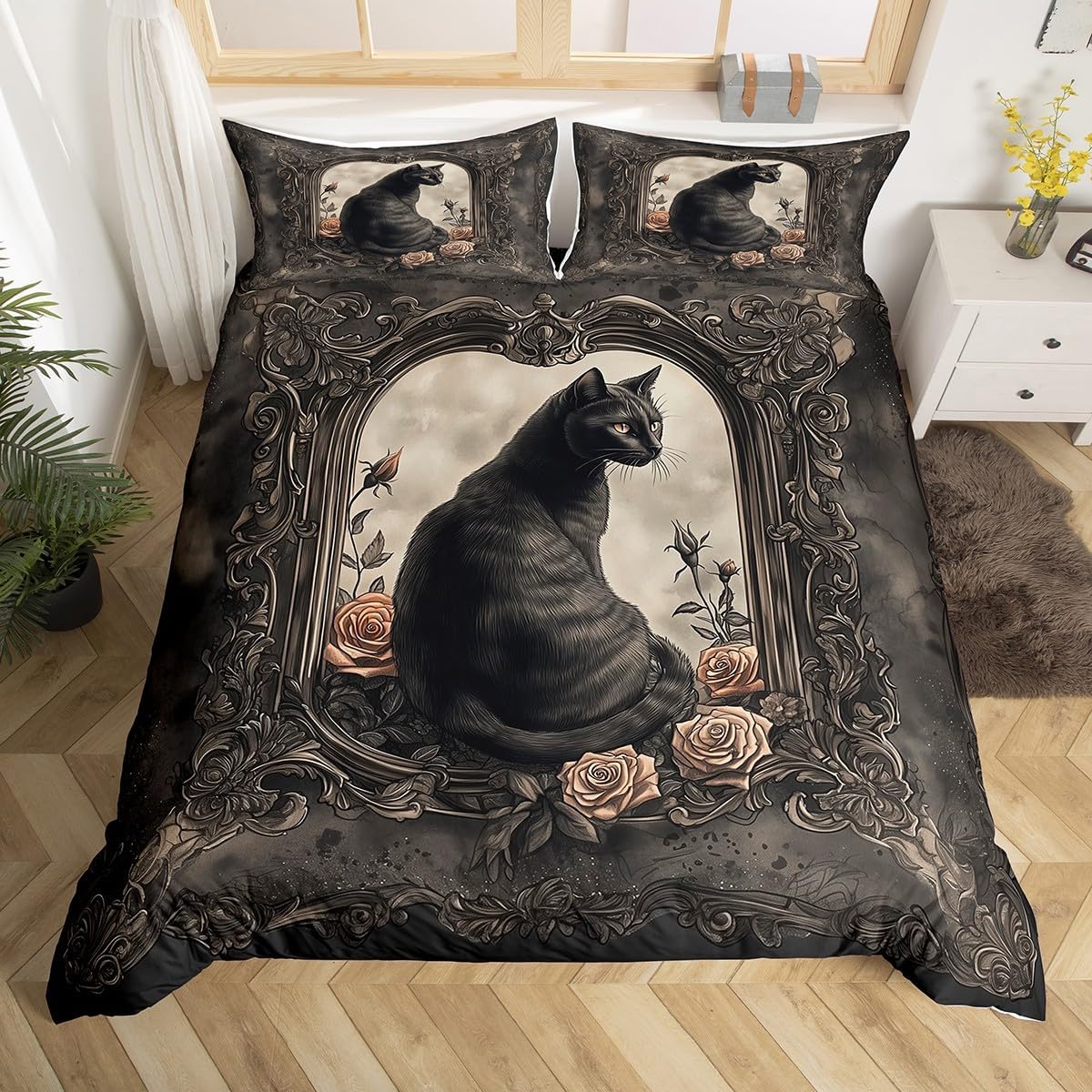 Manfei Black Cat Duvet Cover Set with 2 Pillowcases