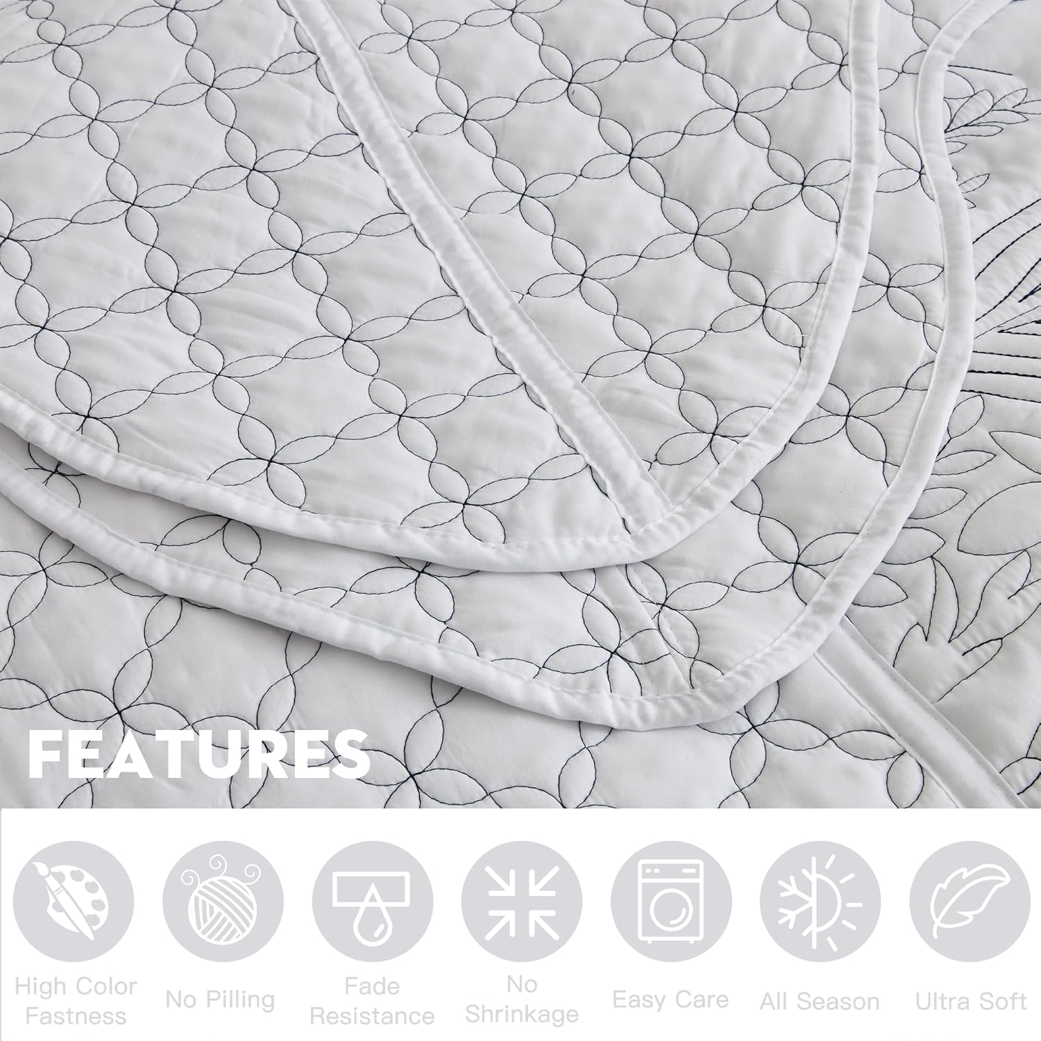 CHIXIN Botanical Bedspread Set - Full Size Leaves Pattern 4 Piece White