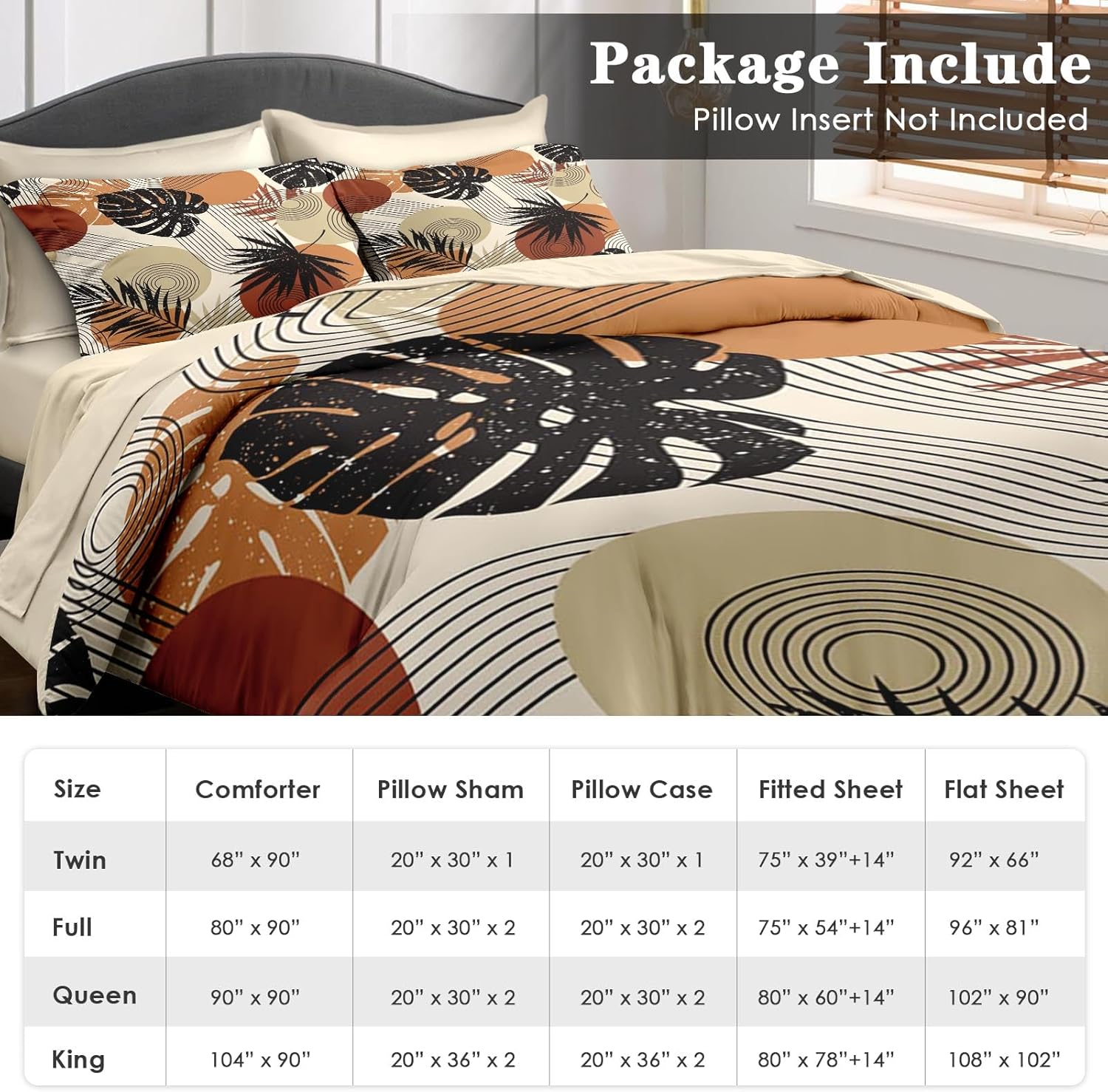 Pamnest Boho Tropical Leaves Comforter Set King Size 7 Pcs