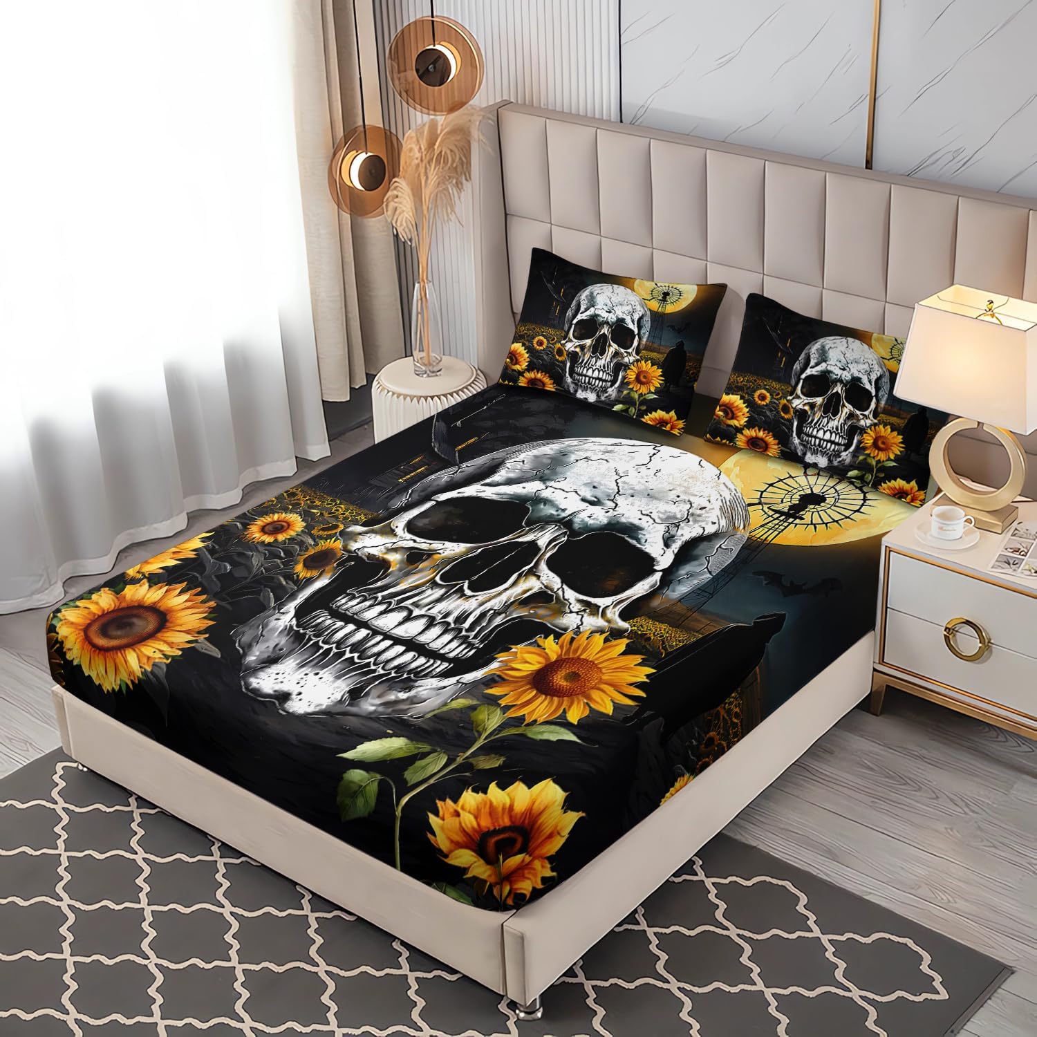 Gothic Skull Fitted Sheet with Sunflower Pattern Queen Size Set