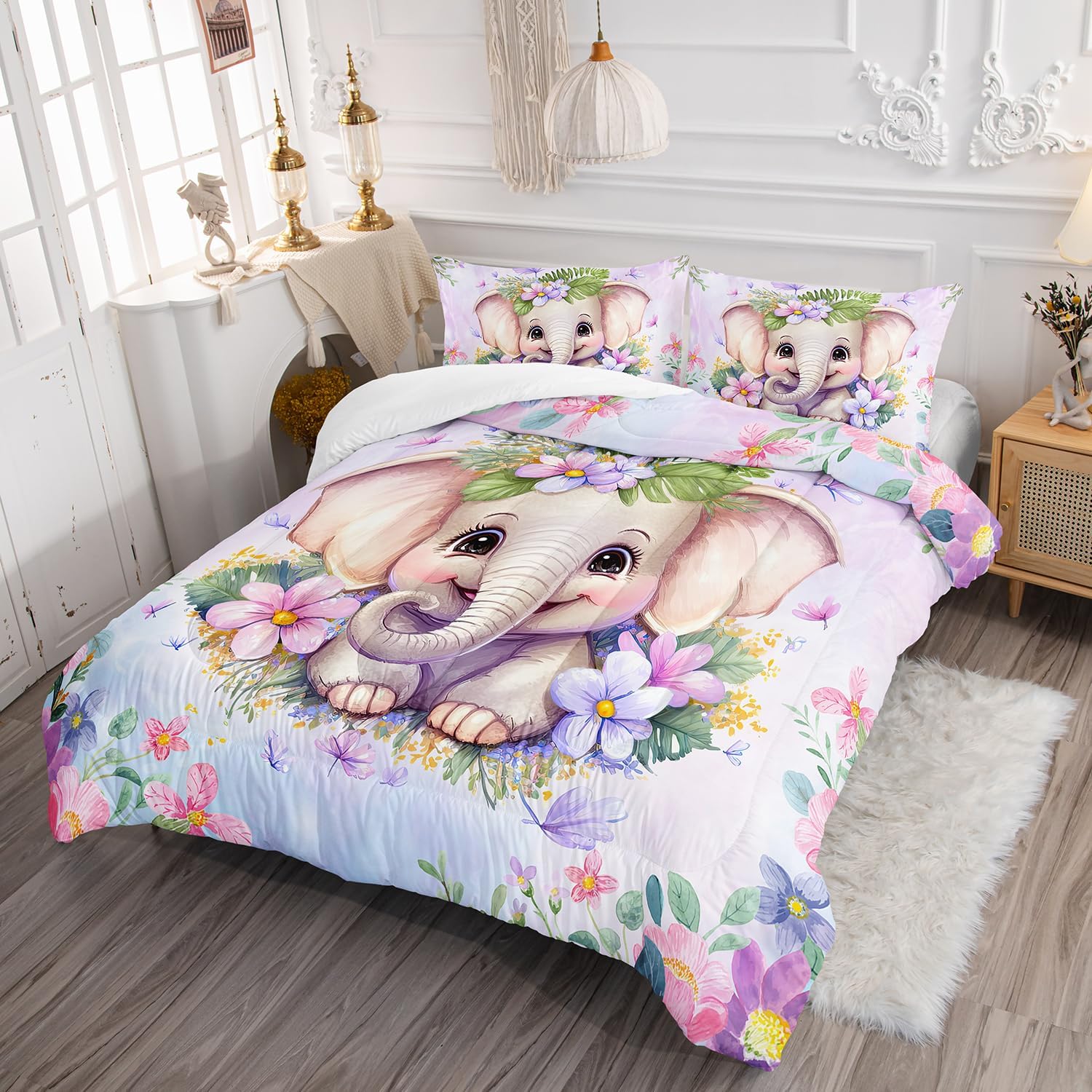 Elephant Flowers Comforter Set 3pcs for Kids