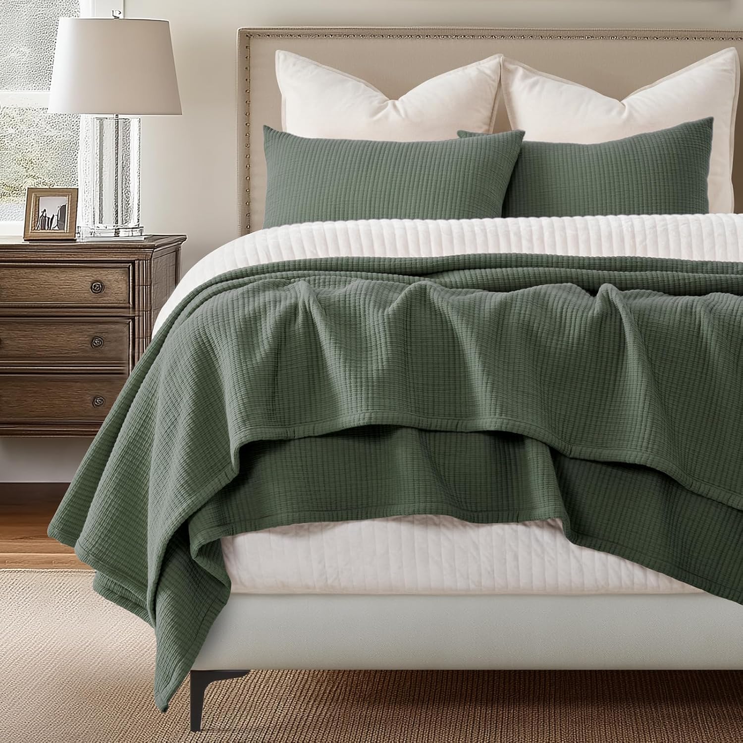 Evergracehome Cotton Gauze Queen Bedspread Set with 2 Shams Olive Green