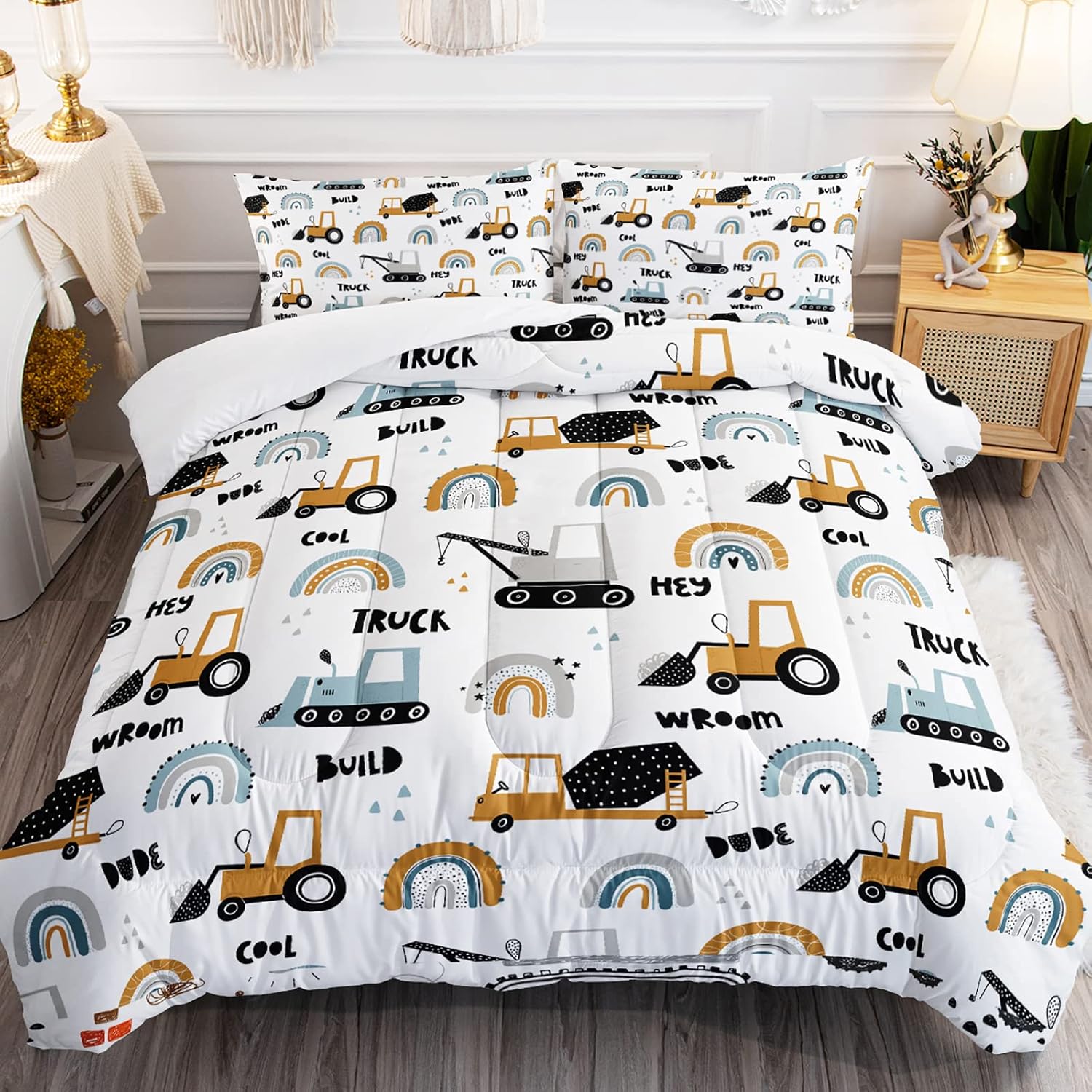 BailiPromise Cartoon Car Boys Comforter Set Queen Size 3Pcs