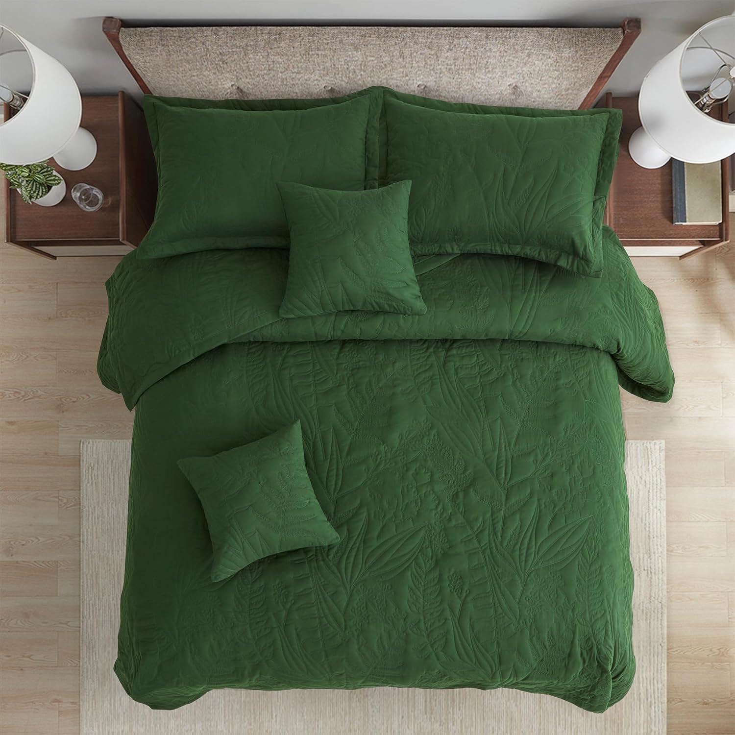 HZ HY Botanical Queen Bedspread Set Leaves Pattern Reversible 5 Piece Olive Green