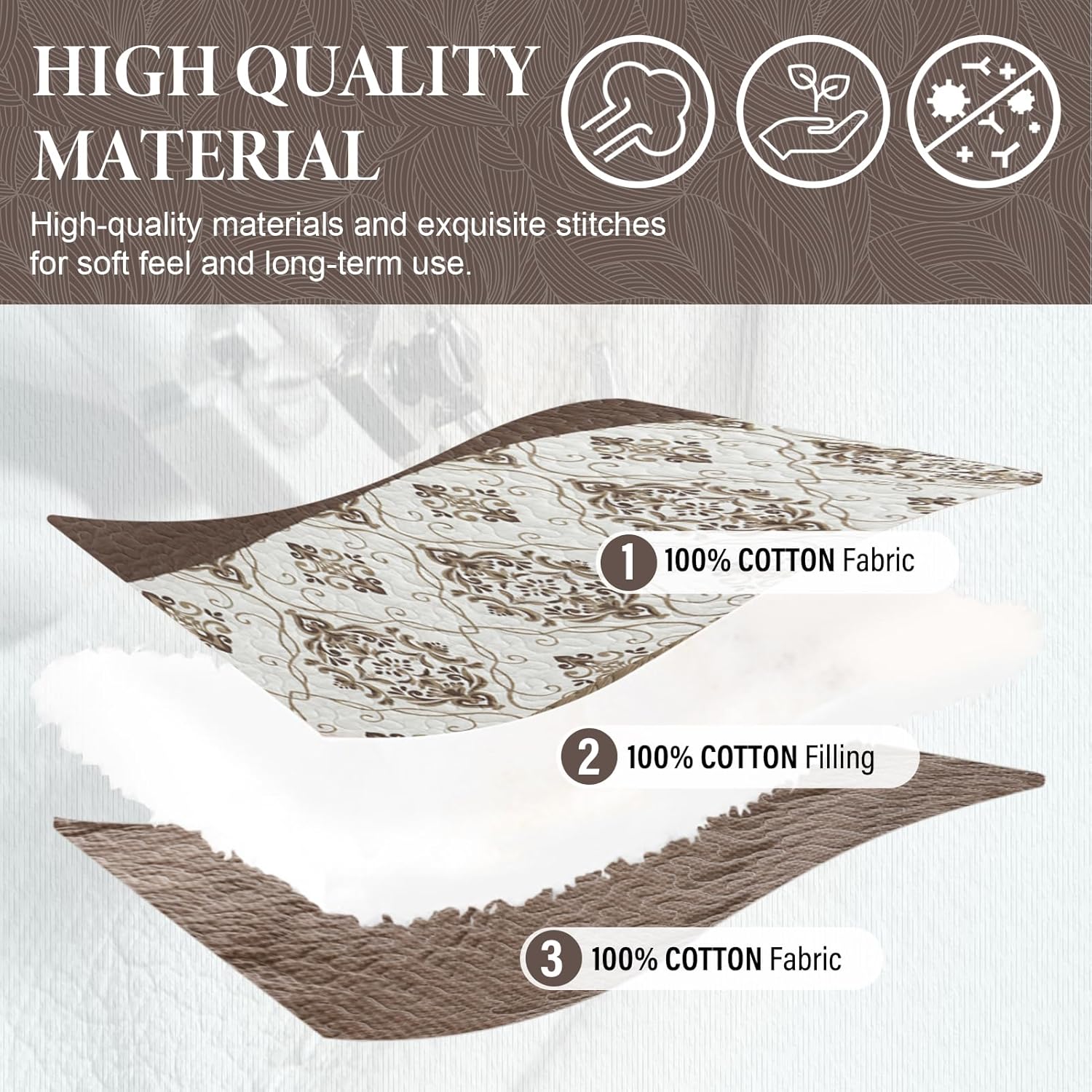SahSahCasa Queen Bedspread Set 120x102 3pc Beige Dark Brown