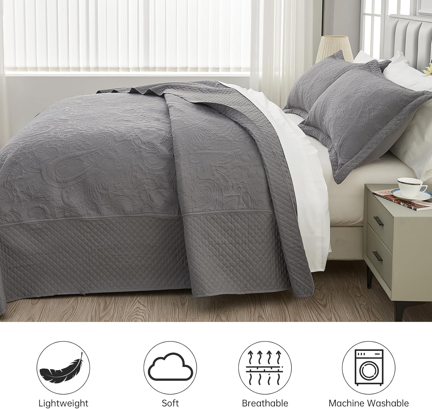 Suchbed California King Bedspread Set 128x120 Grey Paisley Quilt