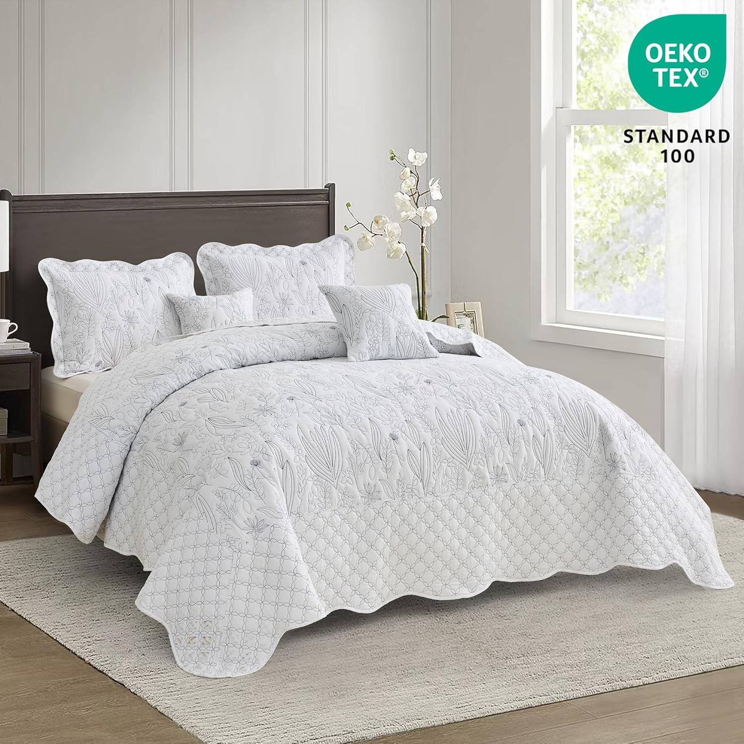 CHIXIN Botanical Bedspread Set - Full Size Leaves Pattern 4 Piece White