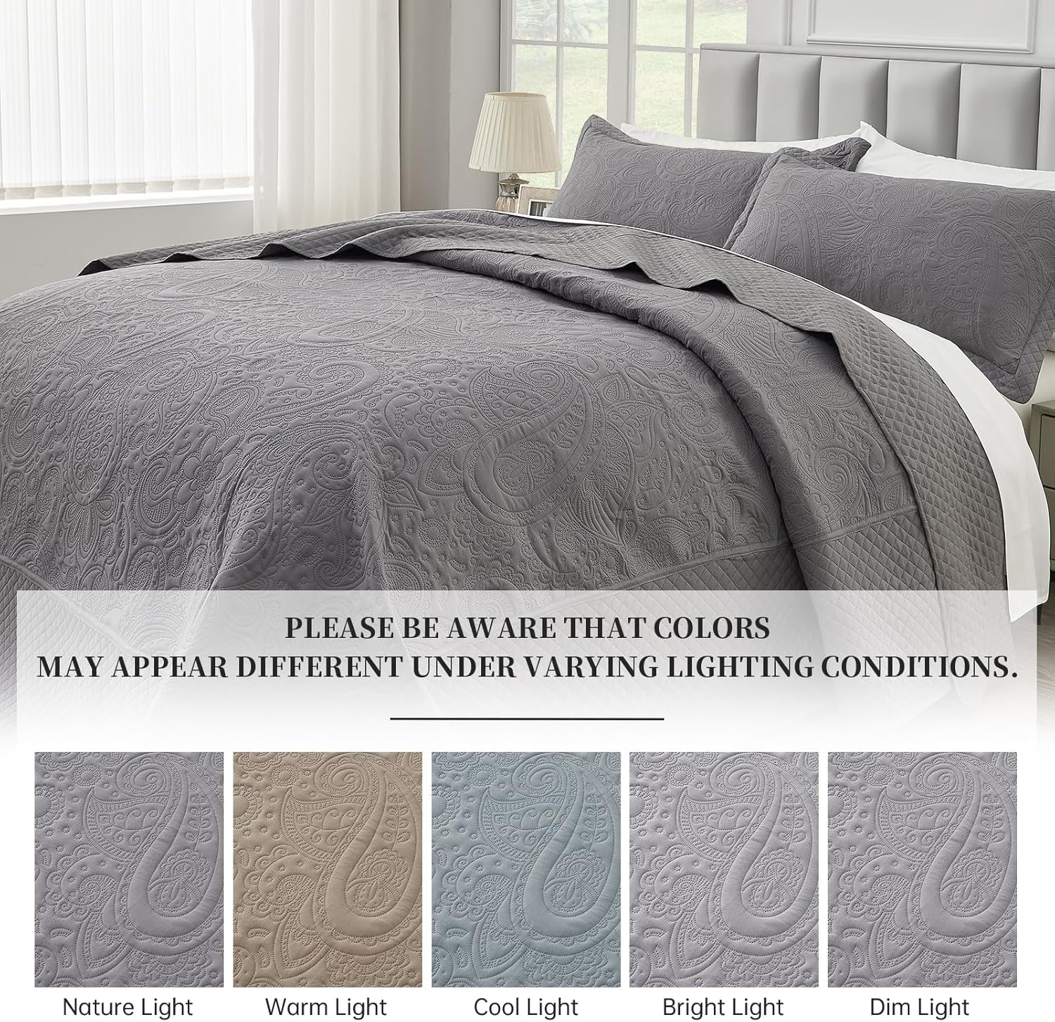 Suchbed California King Bedspread Set 128x120 Grey Paisley Quilt