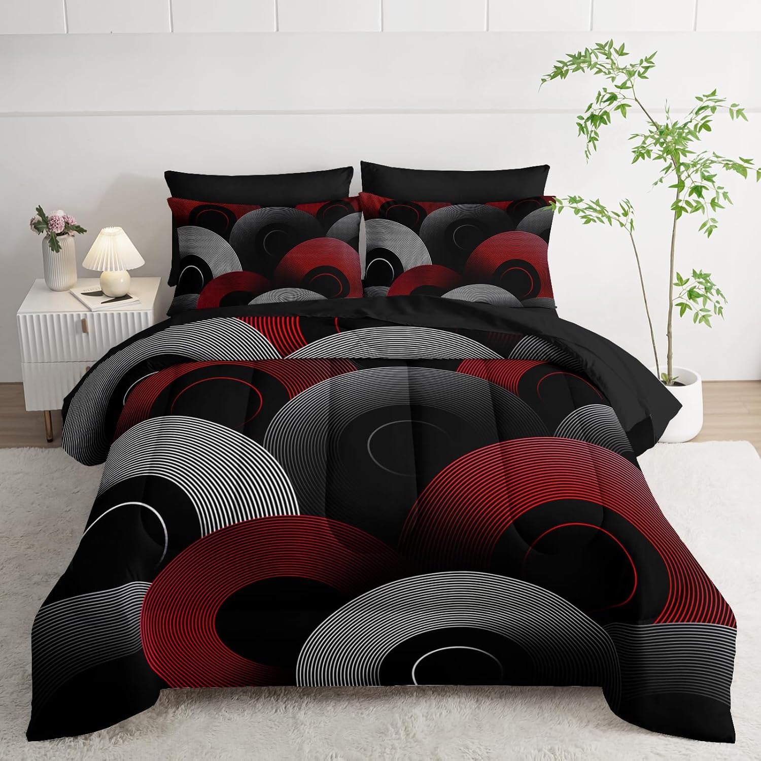 7 Piece Black and Red King Comforter Set with Geometric Pattern