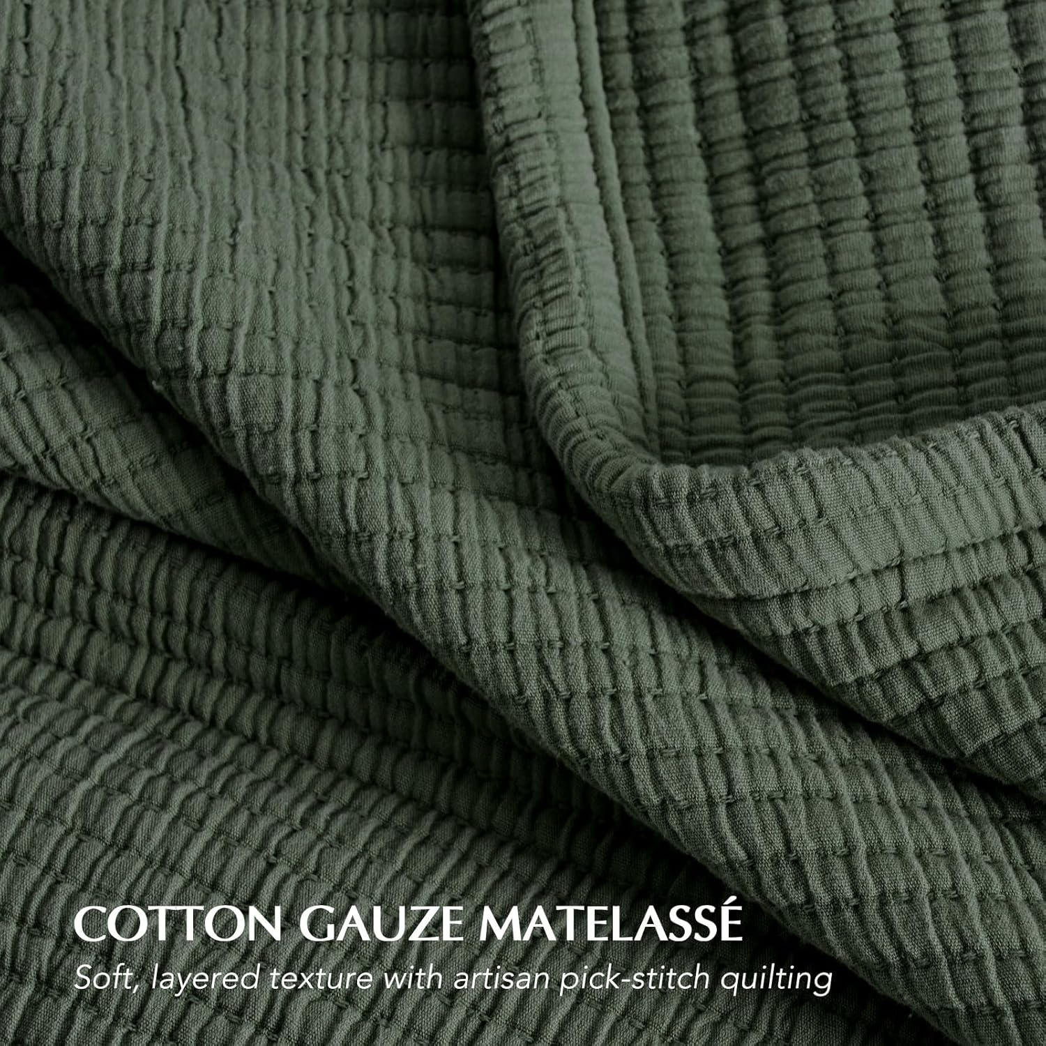 Evergracehome Cotton Gauze Queen Bedspread Set with 2 Shams Olive Green