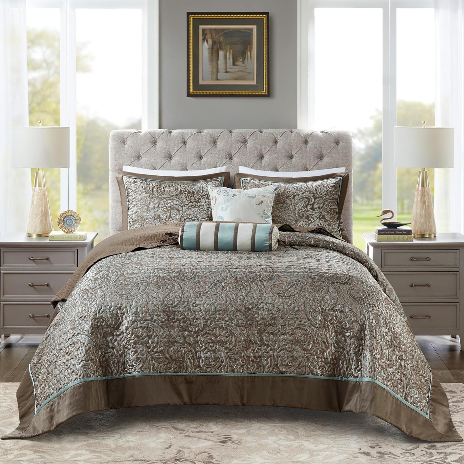 Madison Park Aubrey Reversible Quilted Bedspread Set Queen Blue 5 Piece
