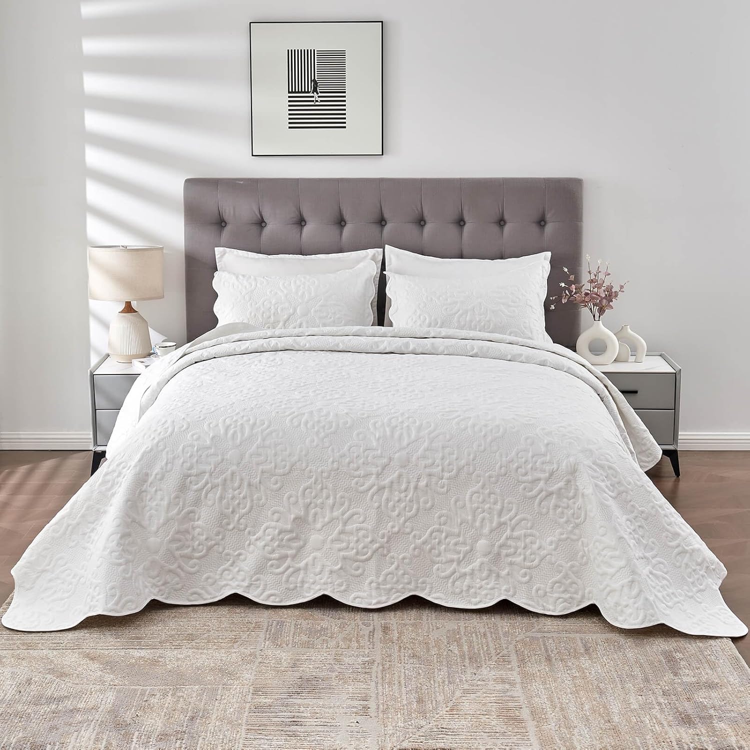 Kingnex King Size Bedspread Set 3 Pieces White