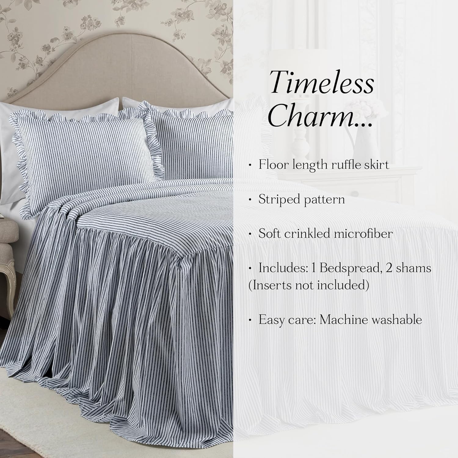 Lush Decor Ticking Stripe Bedspread 3 Piece Set King Navy