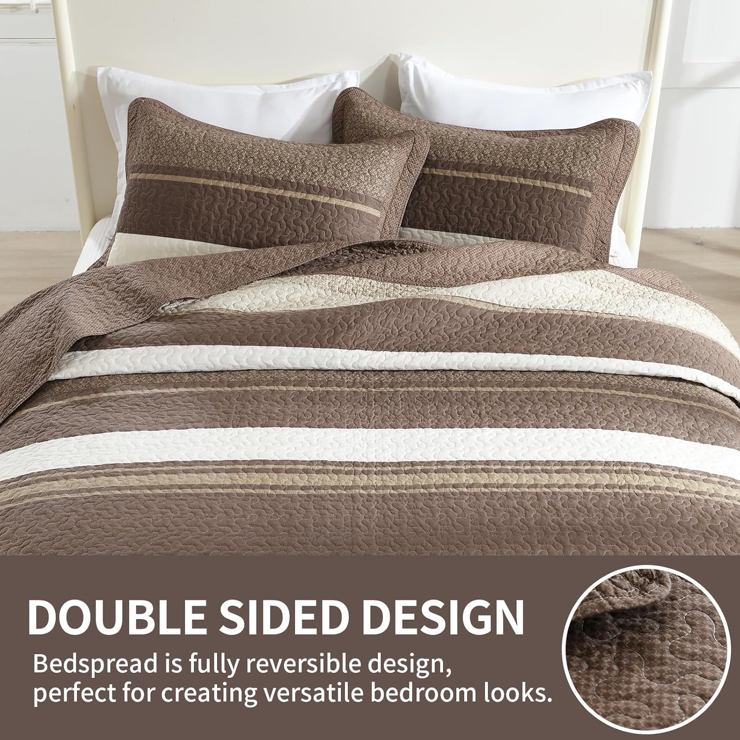 SahSahCasa Queen Bedspread Set 120x102 3pc Beige Dark Brown
