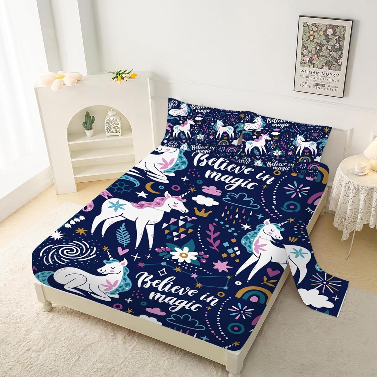 VTKON Navy Blue Unicorn Sheet Set Queen