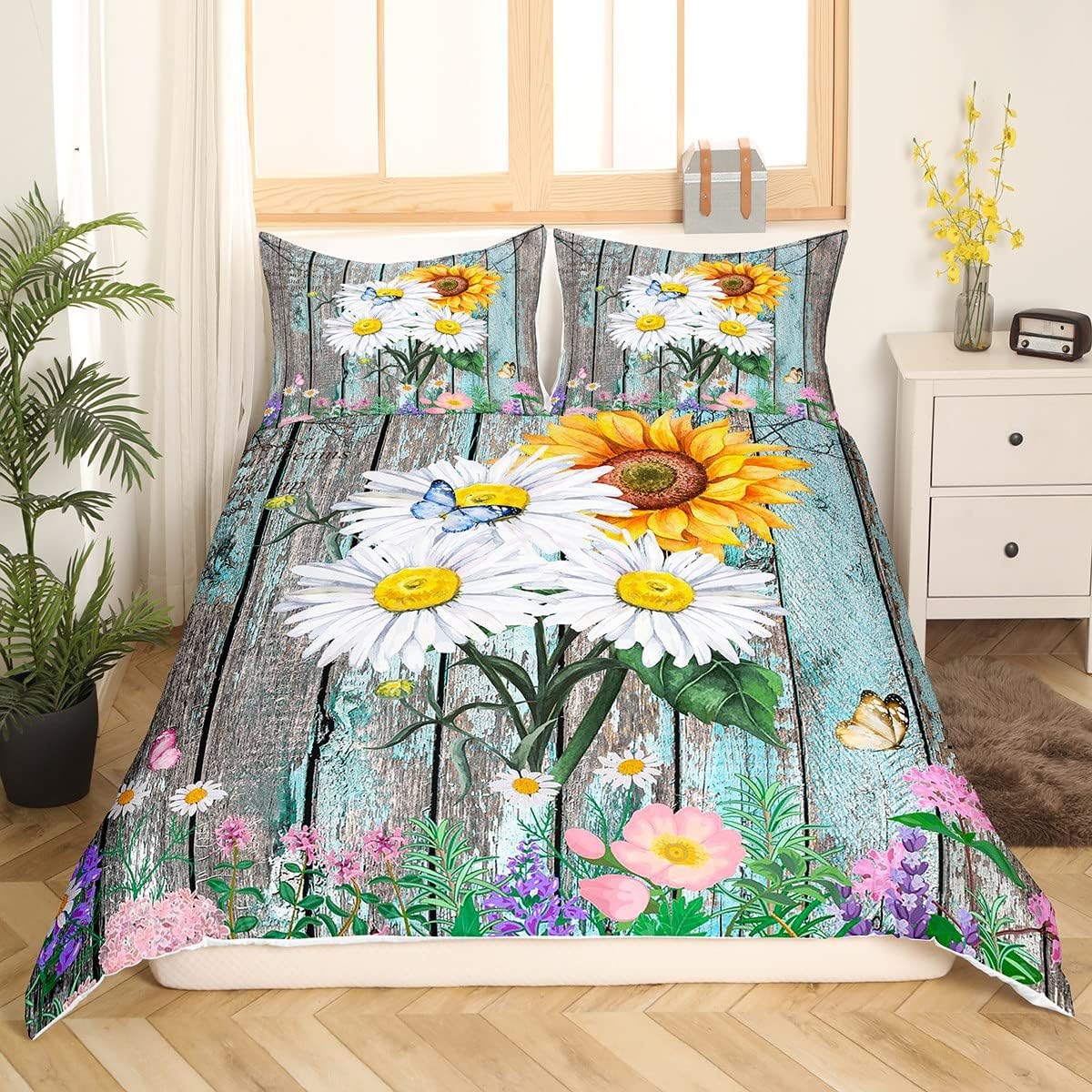 Feelyou Daisy Duvet Cover Set with Butterfly Design