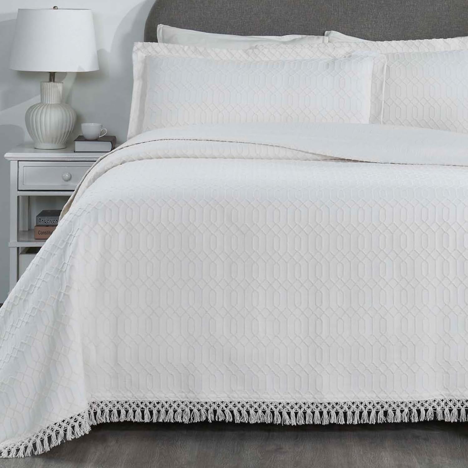Superior Remi Cotton Blend Bedspread Set 2 Piece Geometric Fringe White