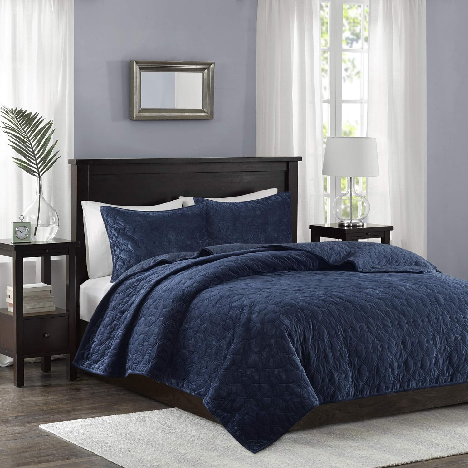 Madison Park Velvet Geometric Quilt Set Navy 3 Piece