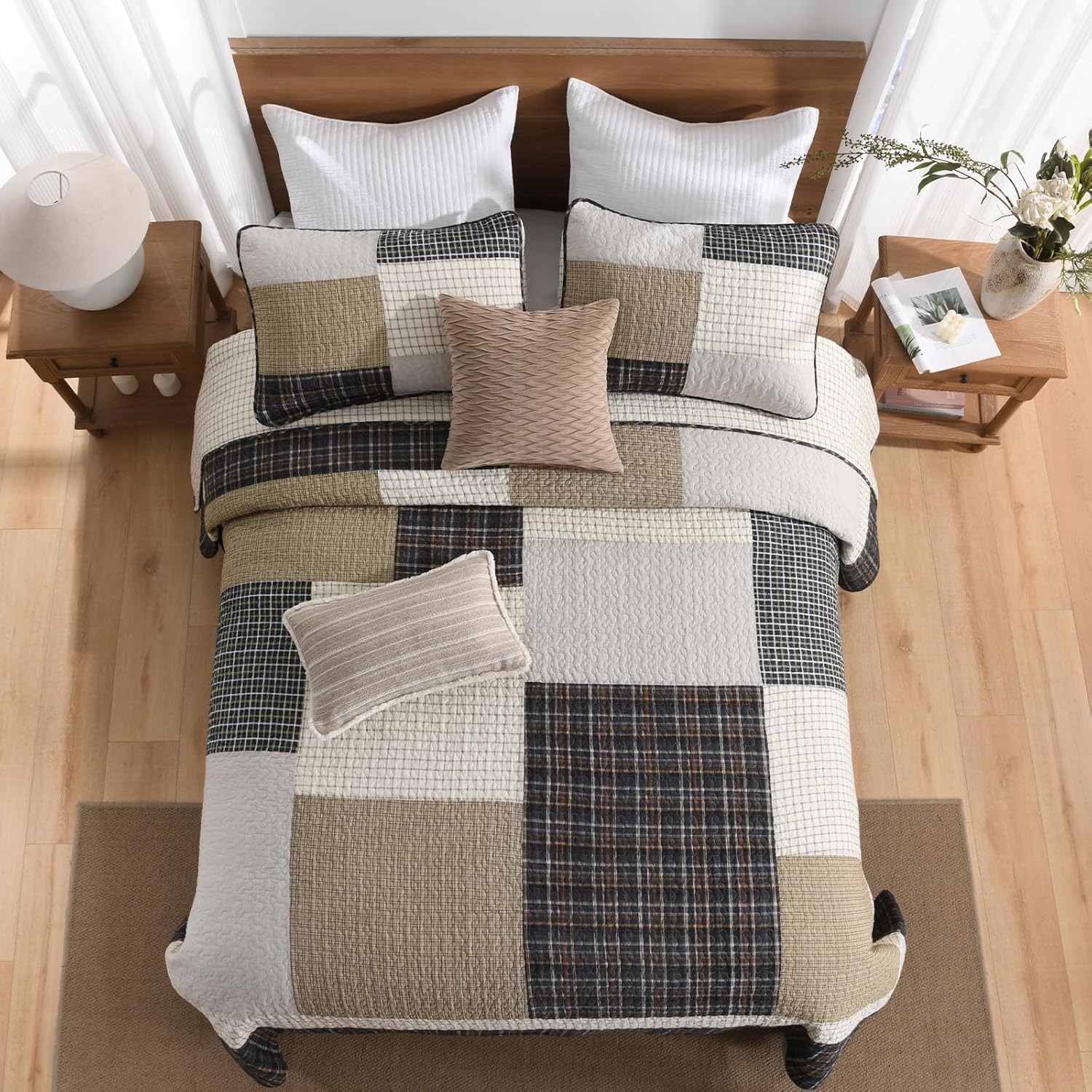 Bedduvit 100 Cotton California King Bedspread Set - 3pcs Farmhouse Patchwork Plaid