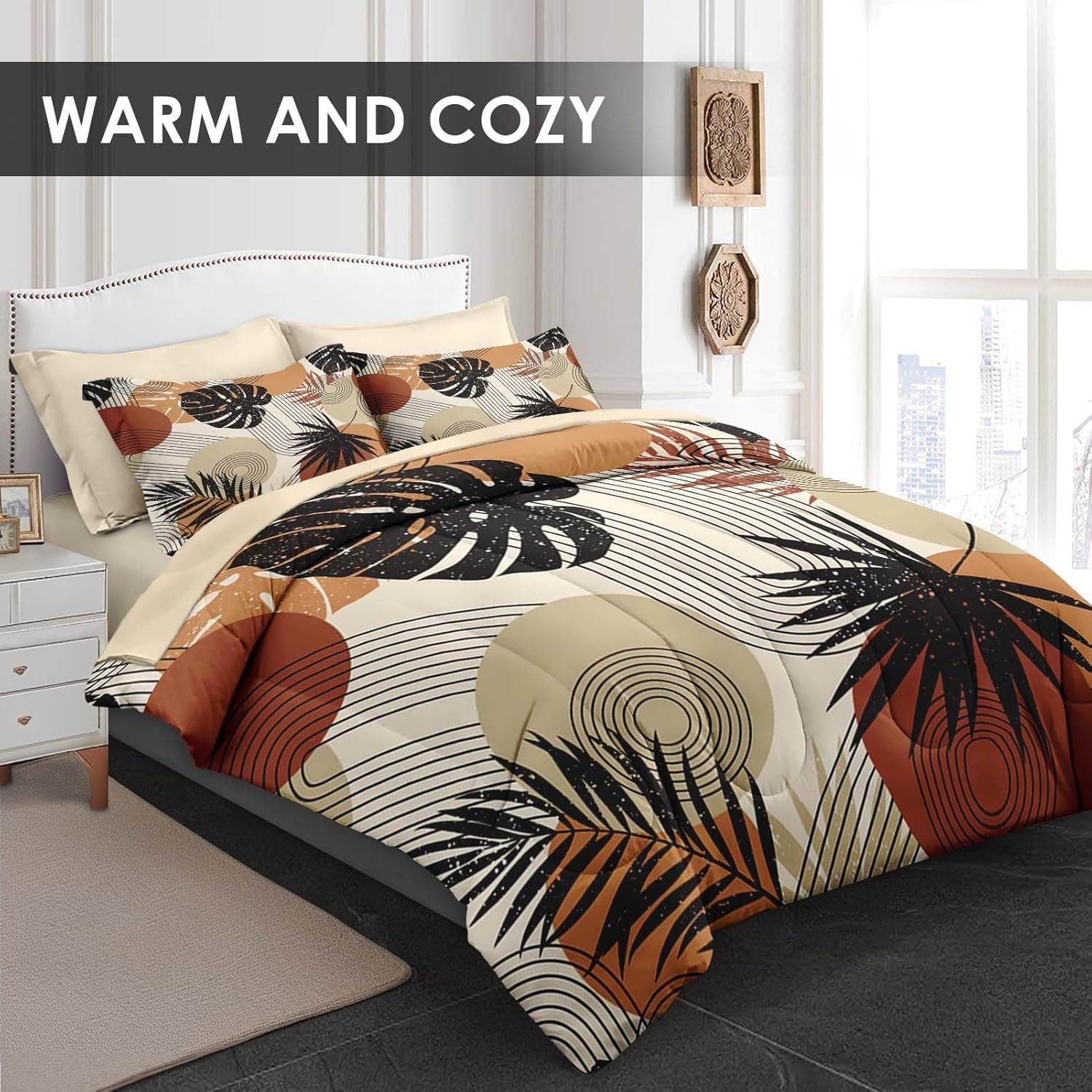 Pamnest Boho Tropical Leaves Comforter Set King Size 7 Pcs
