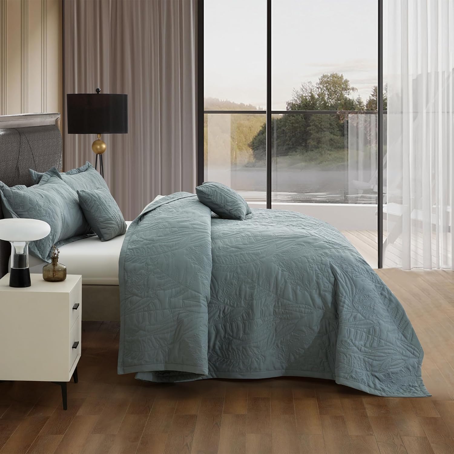 HZ HY Leaves Pattern Oversized King Bedspread Set Grey