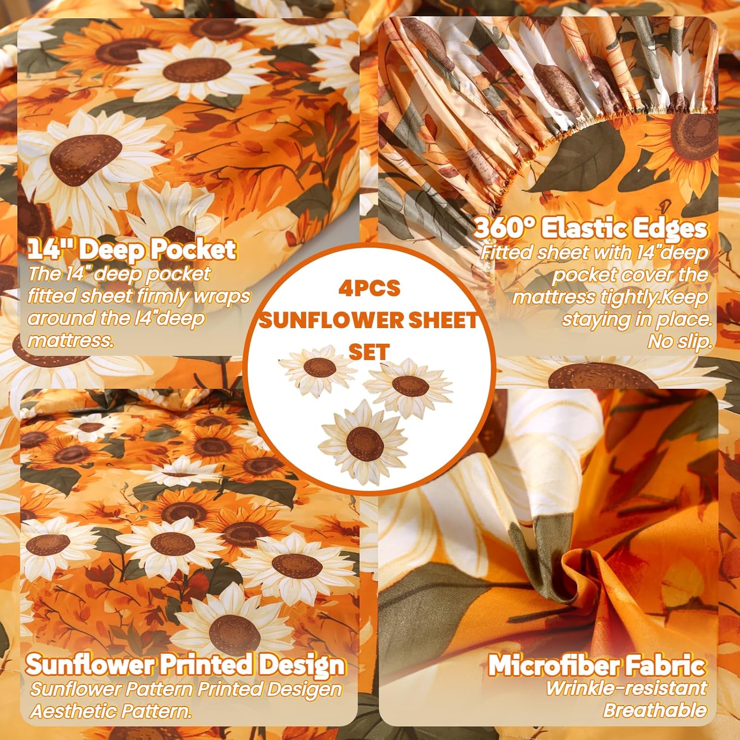 MAG 4Pcs Floral Queen Bed Sheet Set with Deep Pocket