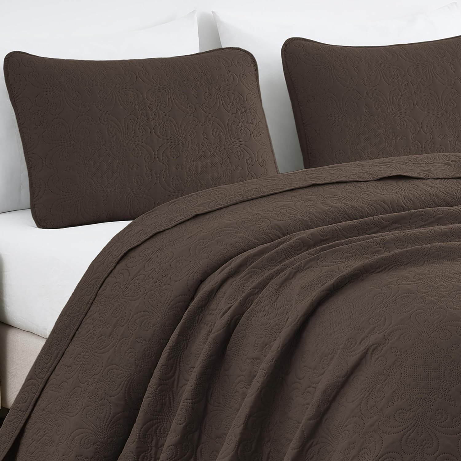 Chezmoi Luca 3-Piece Oversized Bedspread Set Queen Size Chocolate