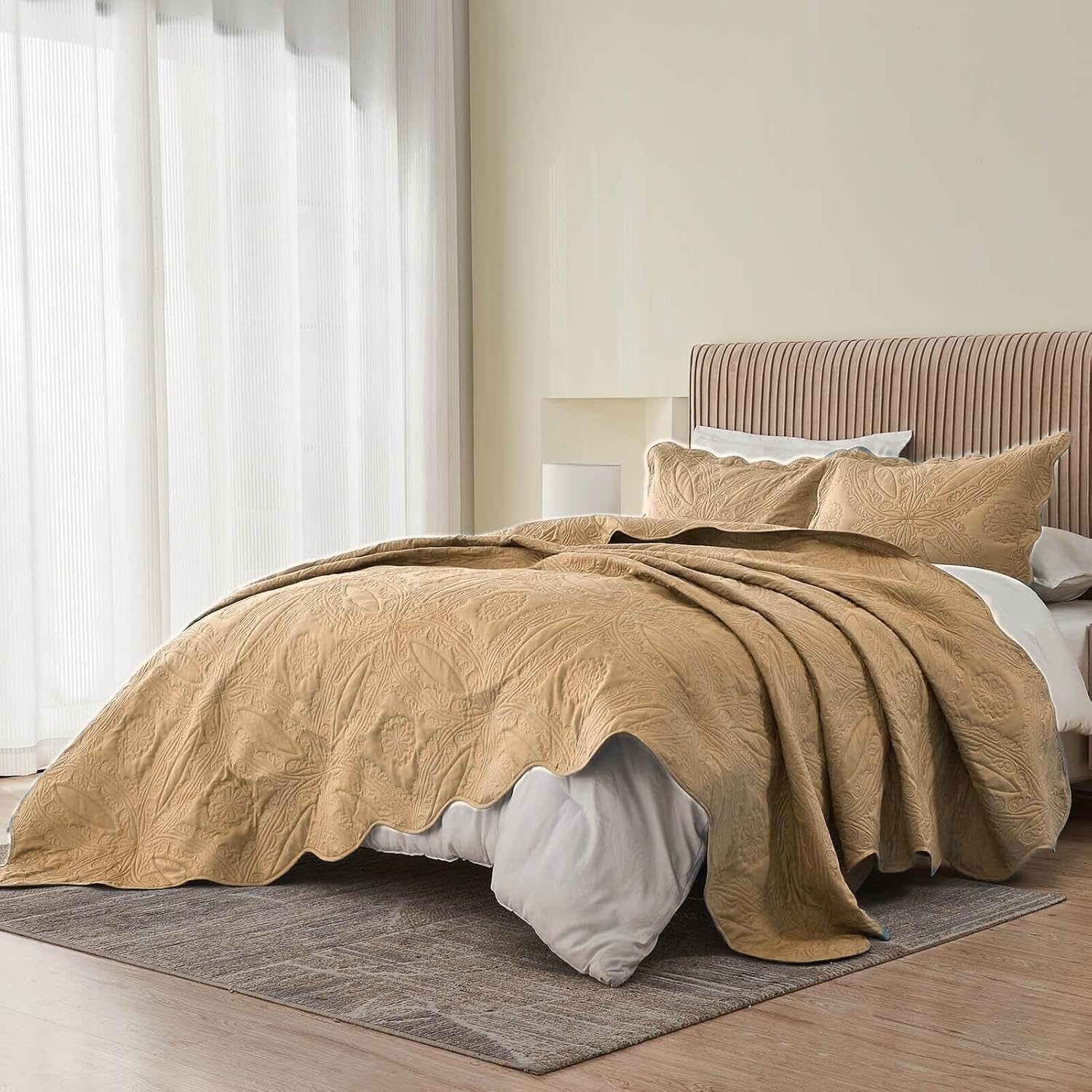 Kingnex Oversized King Bedspread Set 3 Piece Khaki 1