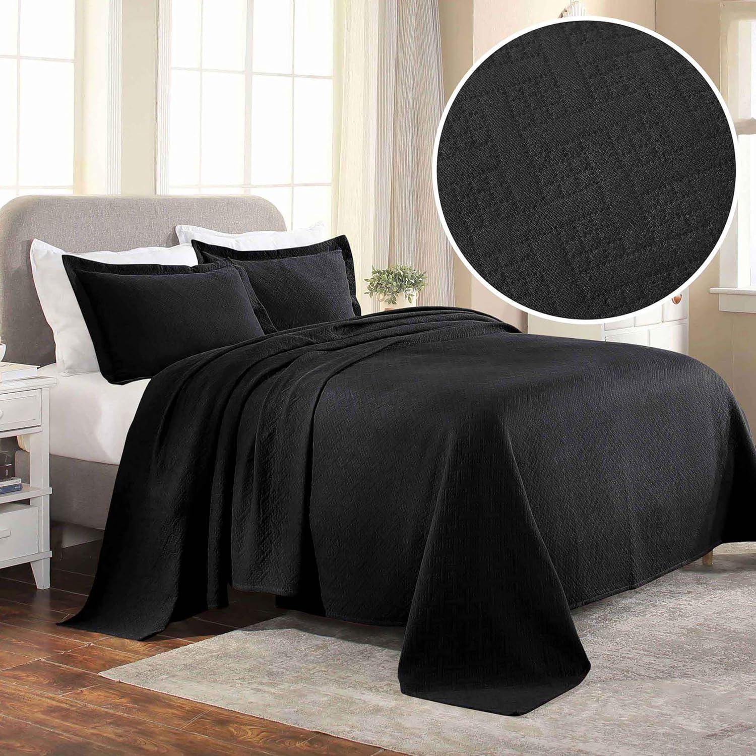 Superior 3 Piece Basketweave Cotton Bedspread Set Full Black