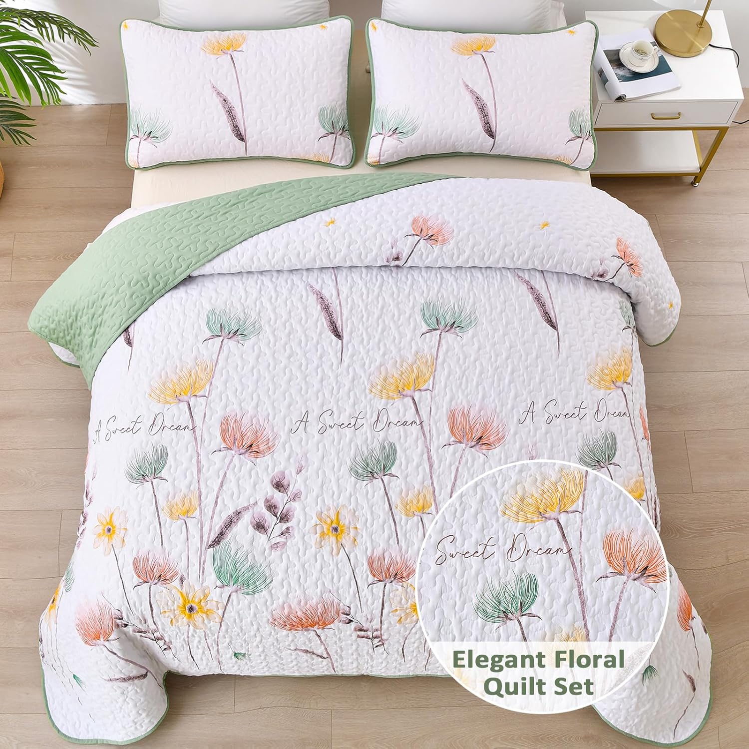 Dinjoy Floral King Size Quilt Set 3 Pieces