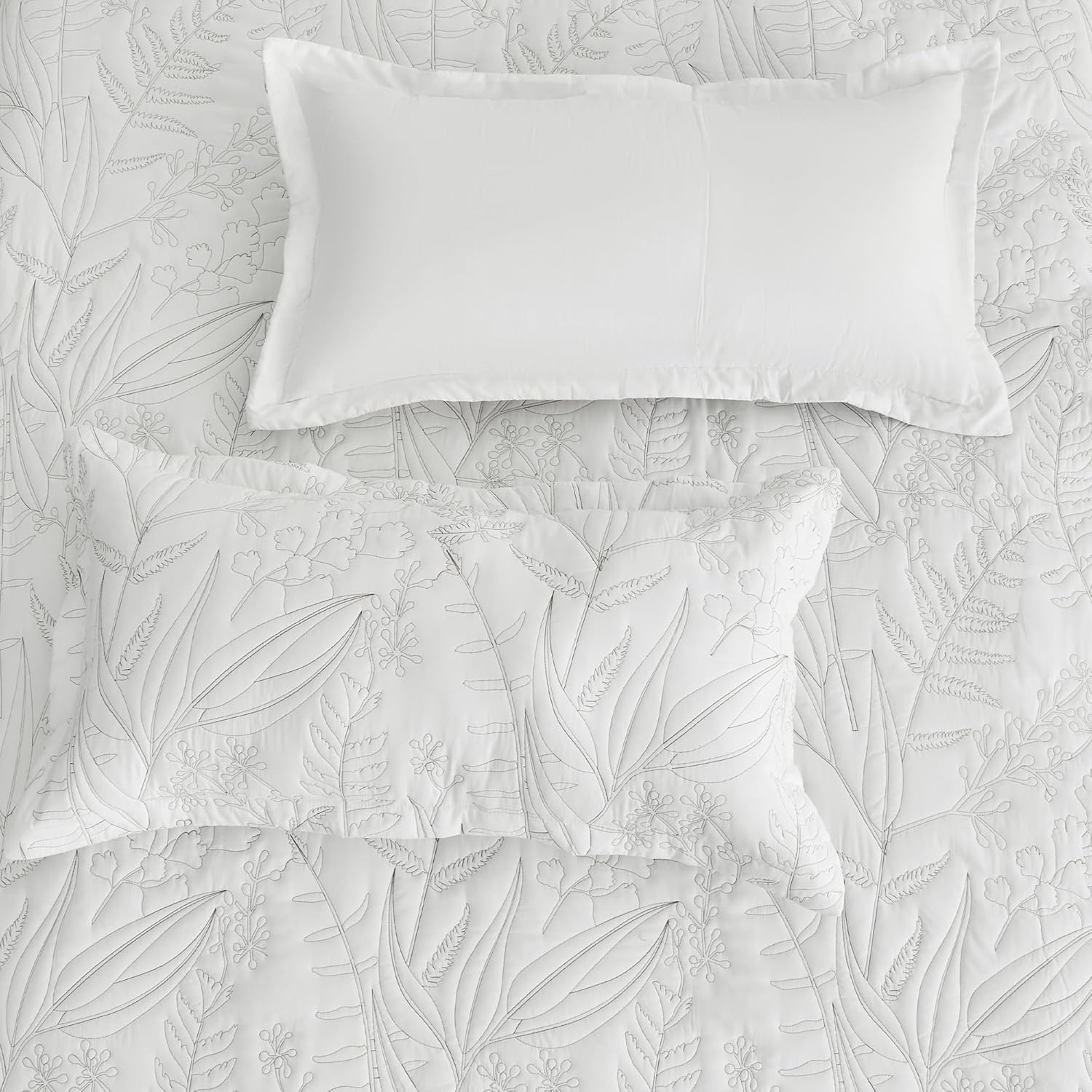 HZ HY Leaves Pattern Queen Bedspread Set Reversible Lightweight 5 Piece White