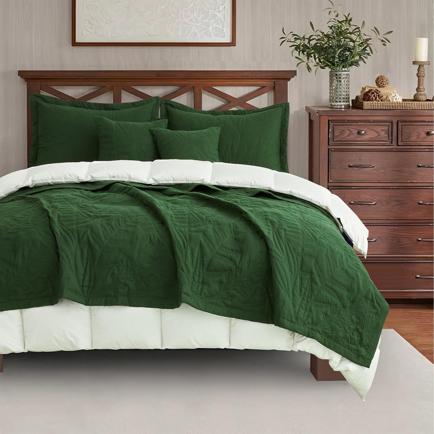 HZ HY Botanical Queen Bedspread Set Leaves Pattern Reversible 5 Piece Olive Green