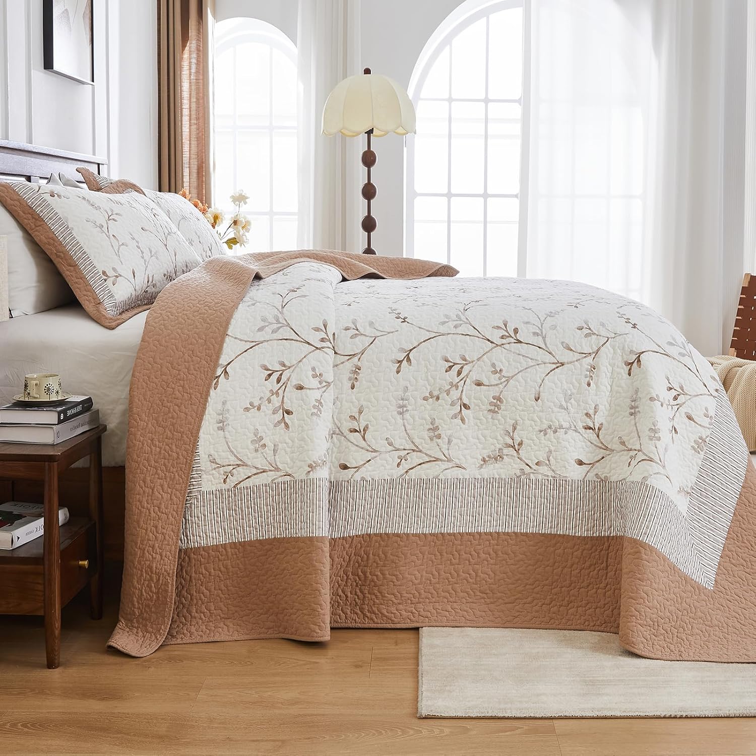 Oversized Cotton Bedspread Set Reversible Botanical Pattern