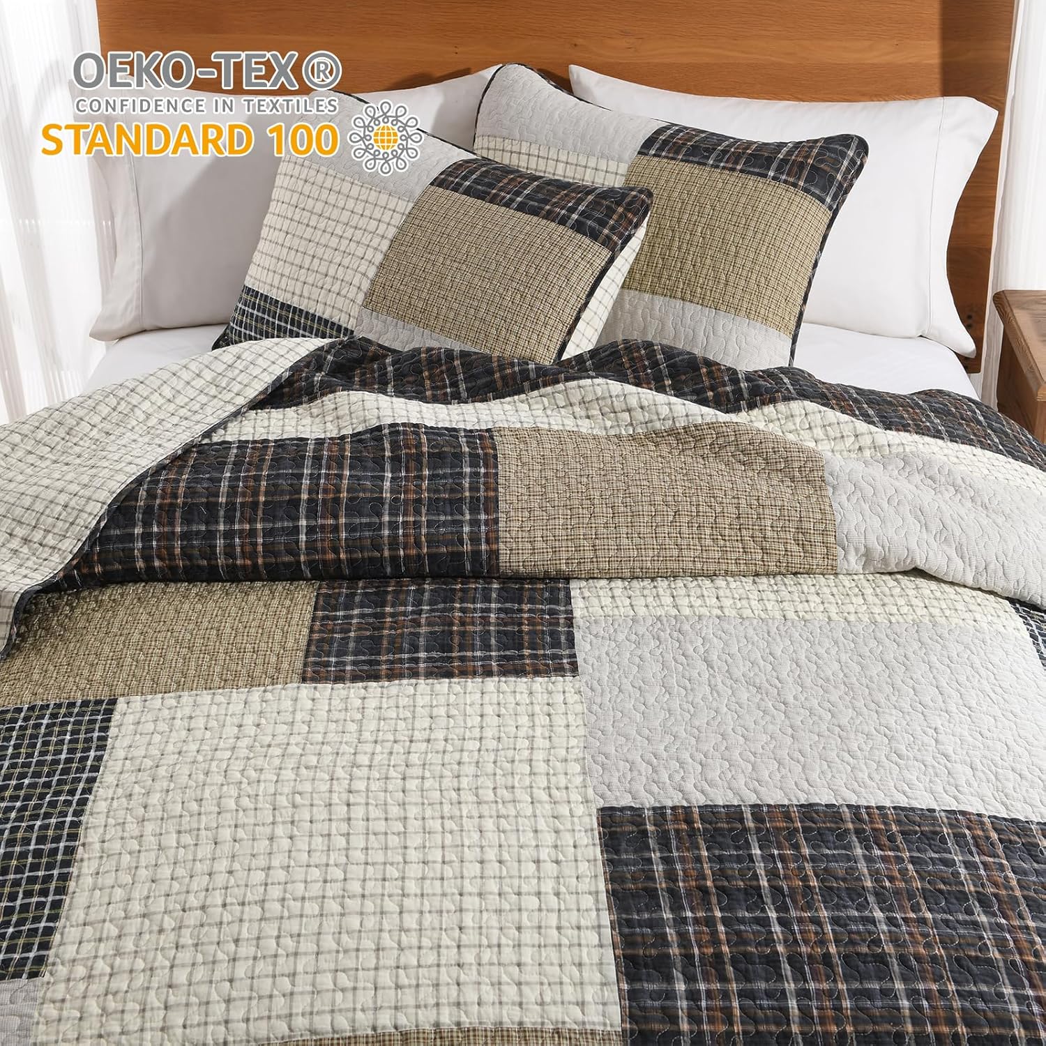 Bedduvit 100 Cotton California King Bedspread Set - 3pcs Farmhouse Patchwork Plaid