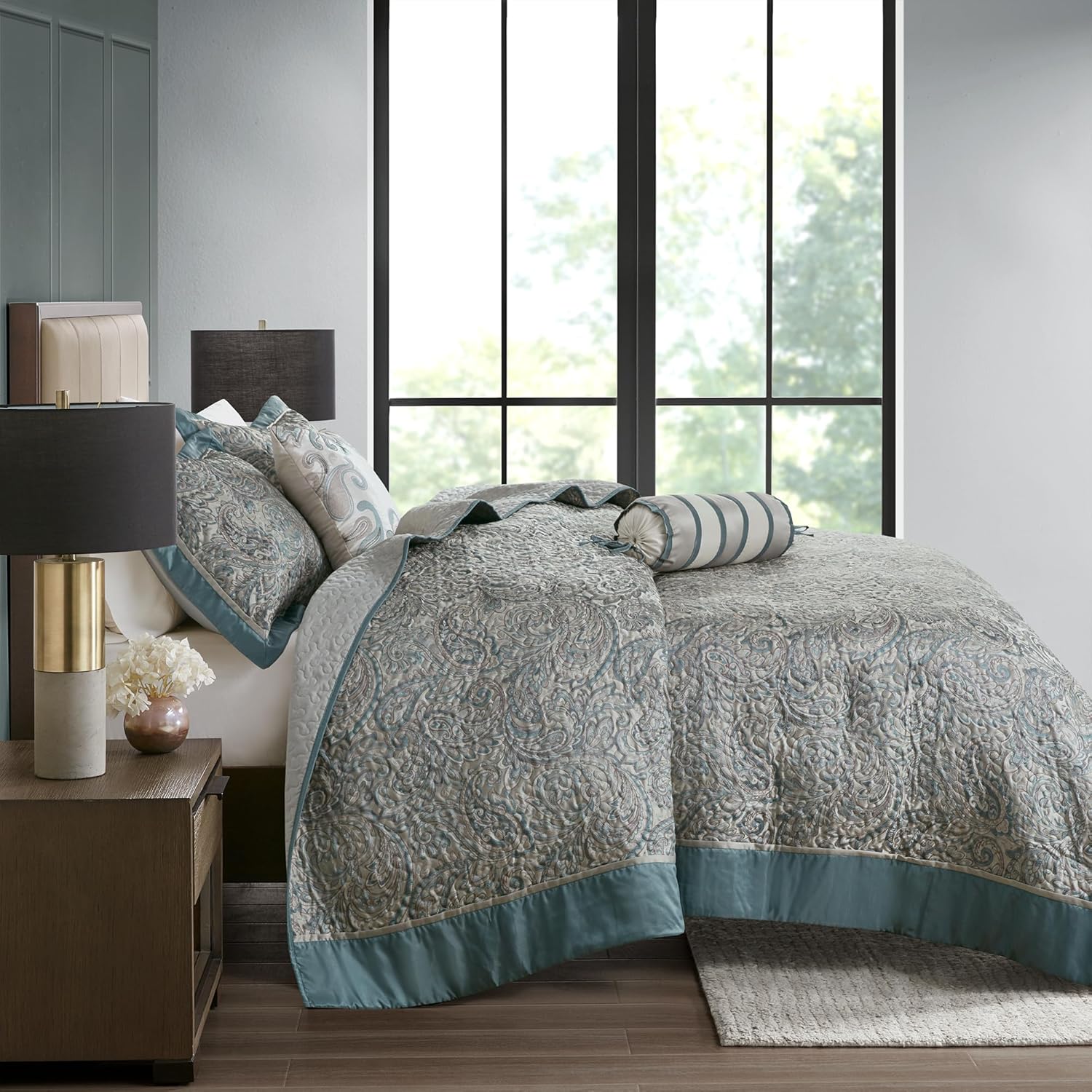 Madison Park Aubrey Reversible Quilted Bedspread Set Teal 5 Piece