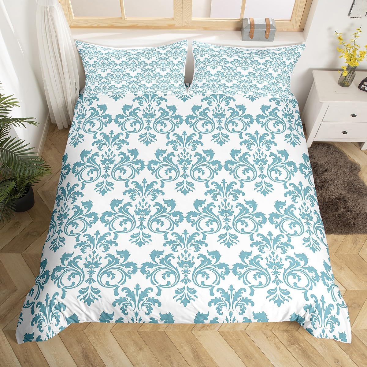Erosebridal Damask Duvet Set Turquoise White Full Size