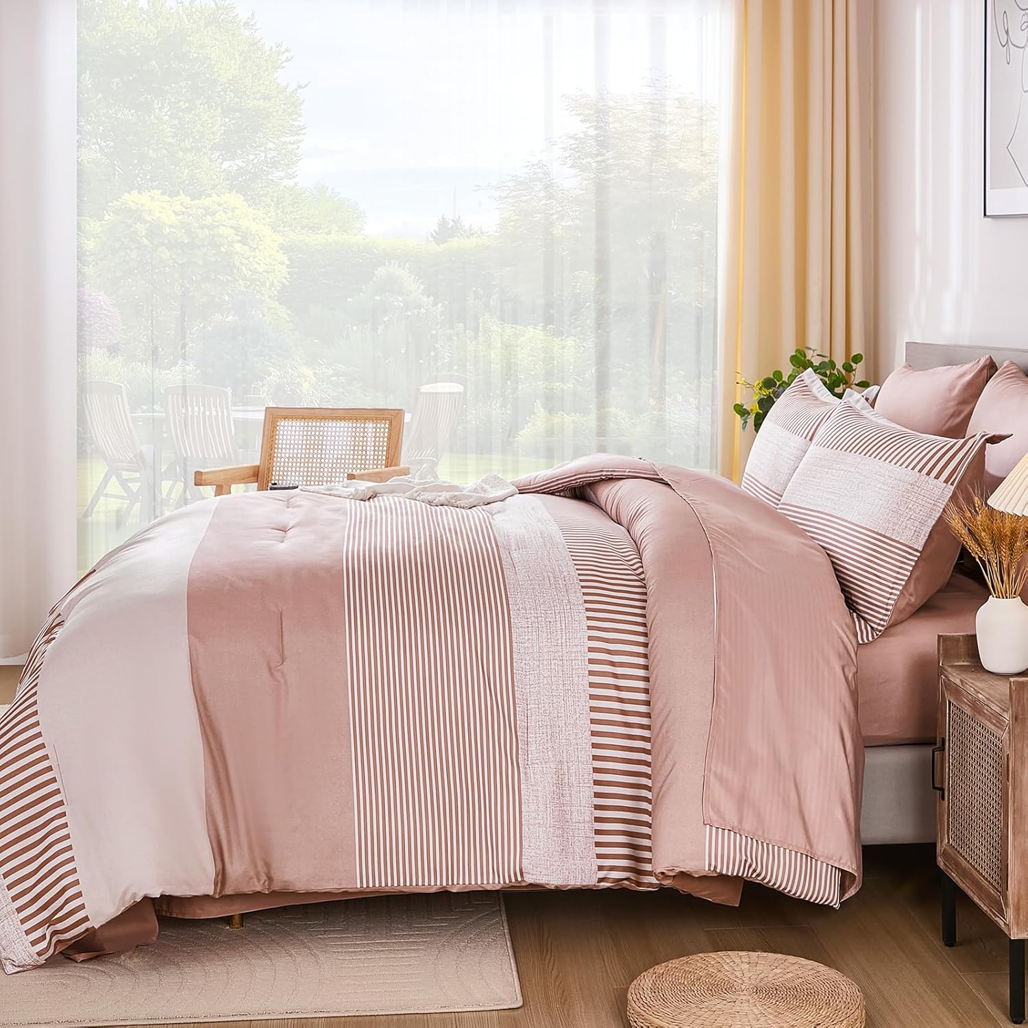 Pink Comforter Set Queen Size Striped Bedding