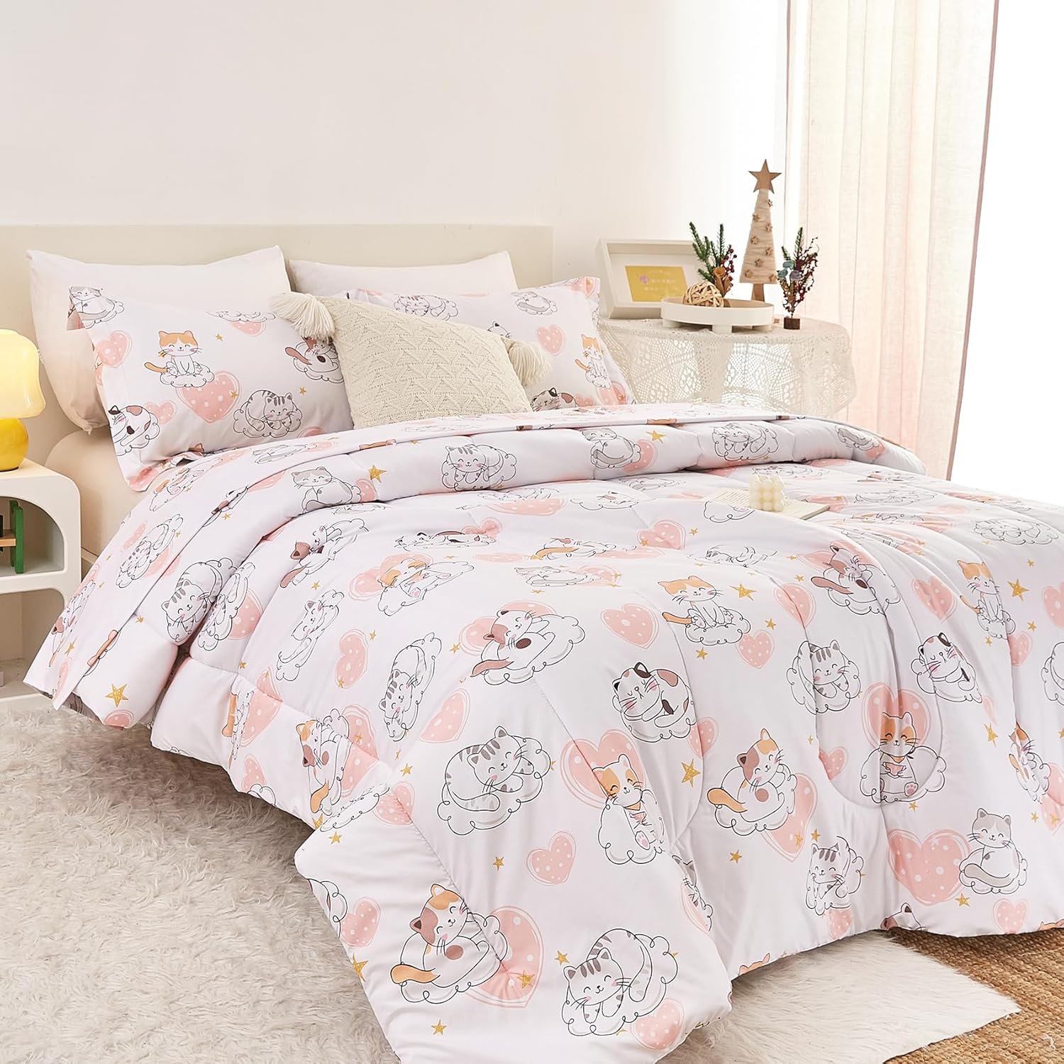 Yibeizi Cat Comforter Set for Girls Twin