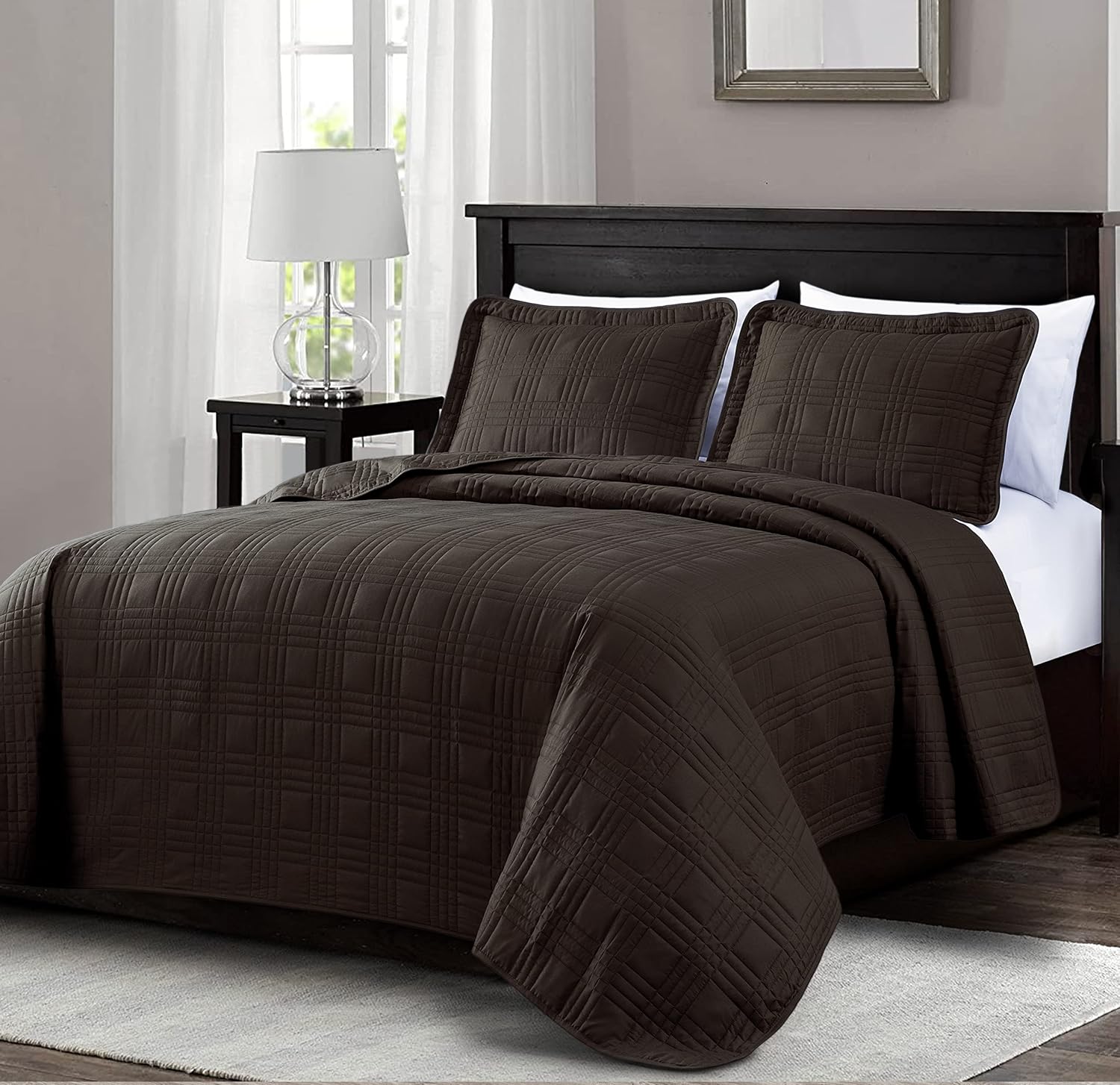 Chezmoi Collection King Size Bedspread Set 3-Piece Brown