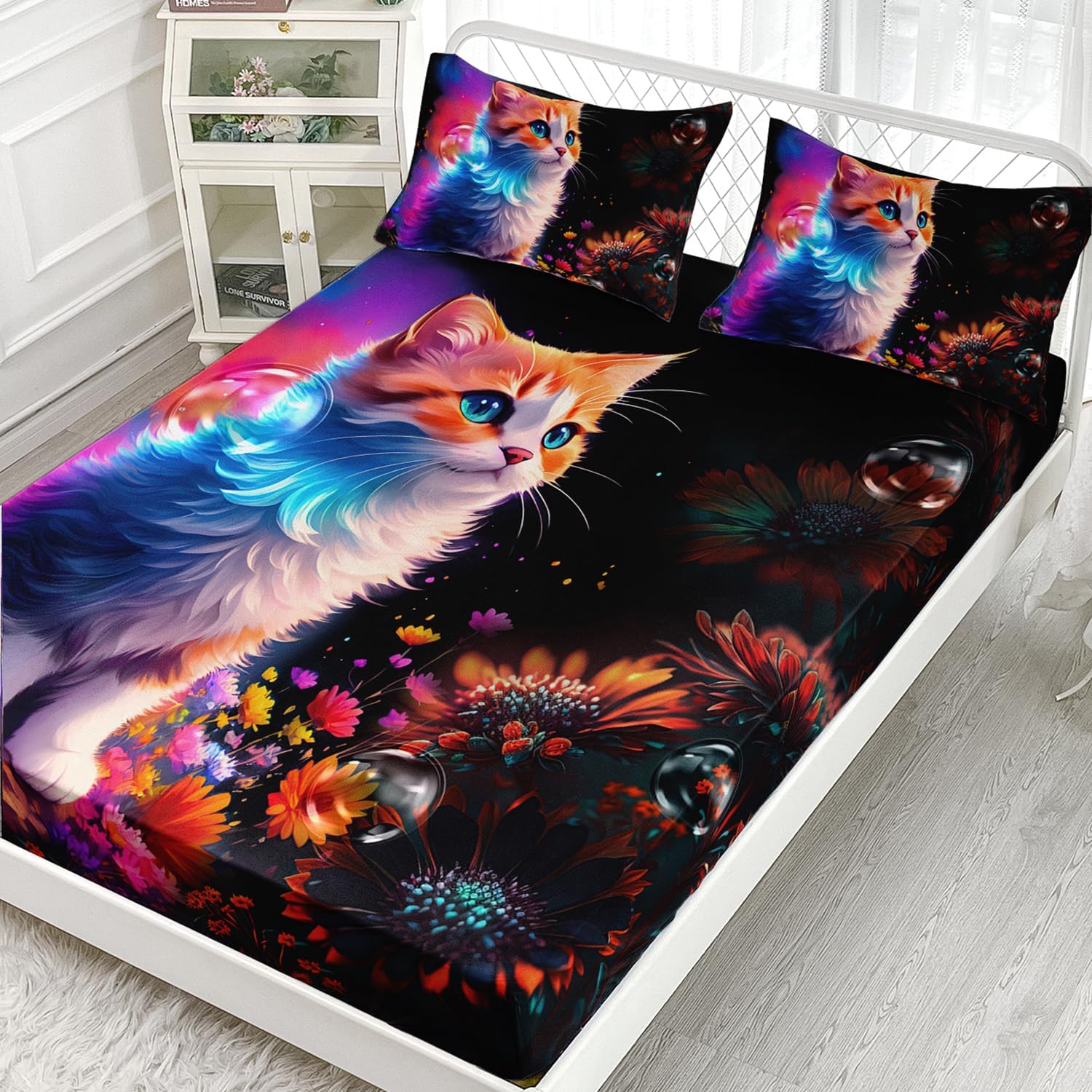 Cute Kawaii Cat Fitted Sheet Set 3Pcs