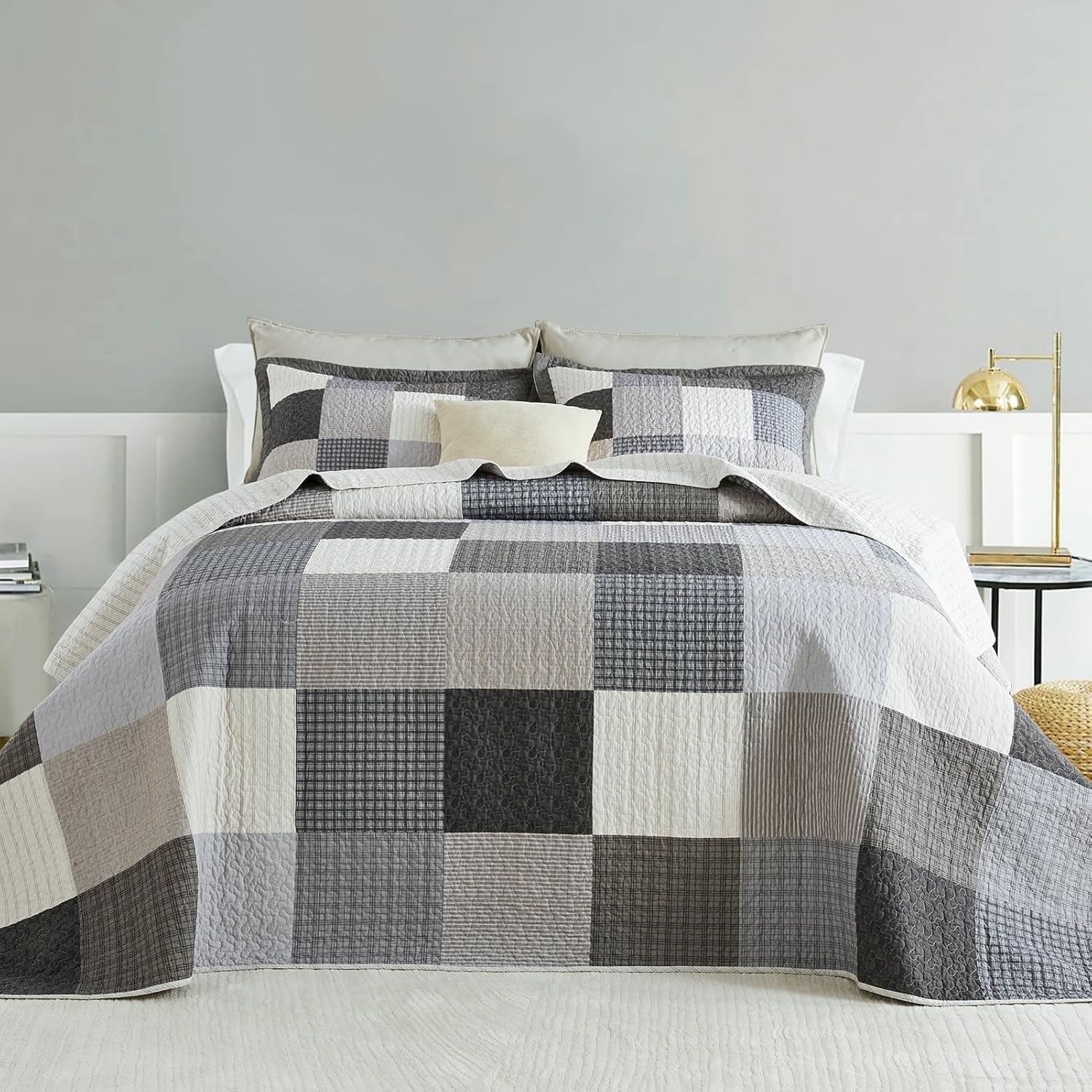 SahSahCasa 120x102 100 Cotton Oversized Queen Quilt Bedspread Set Gray 1